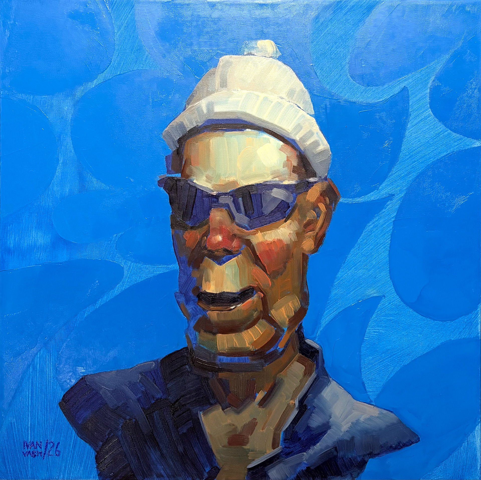 A Guy With Cool Glasses, oil on canvas, 24 × 24 inch, 2026. ($720)