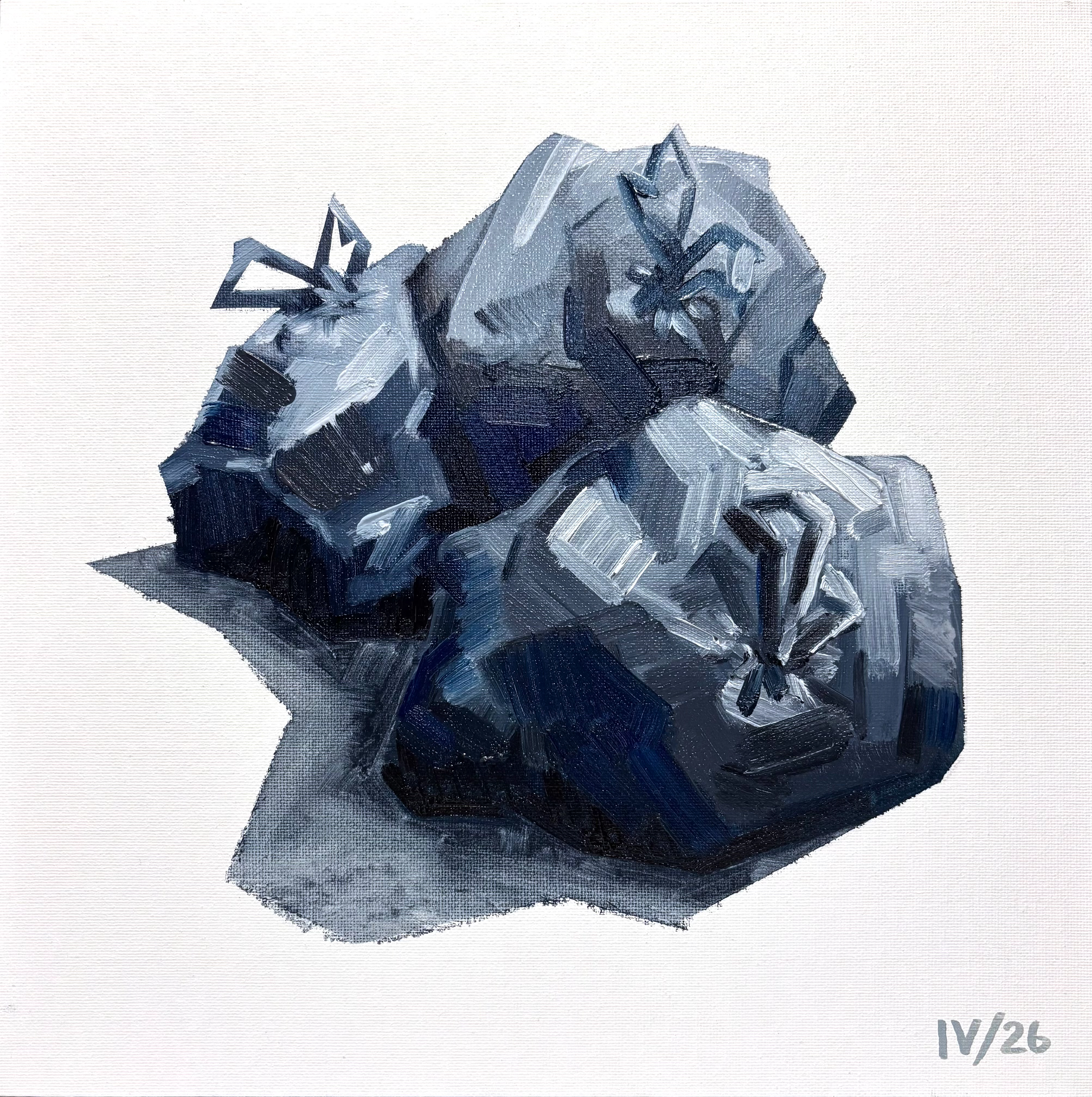 Garbage Bags, oil on canvas, 10 × 10 inch, 2026. ($300)