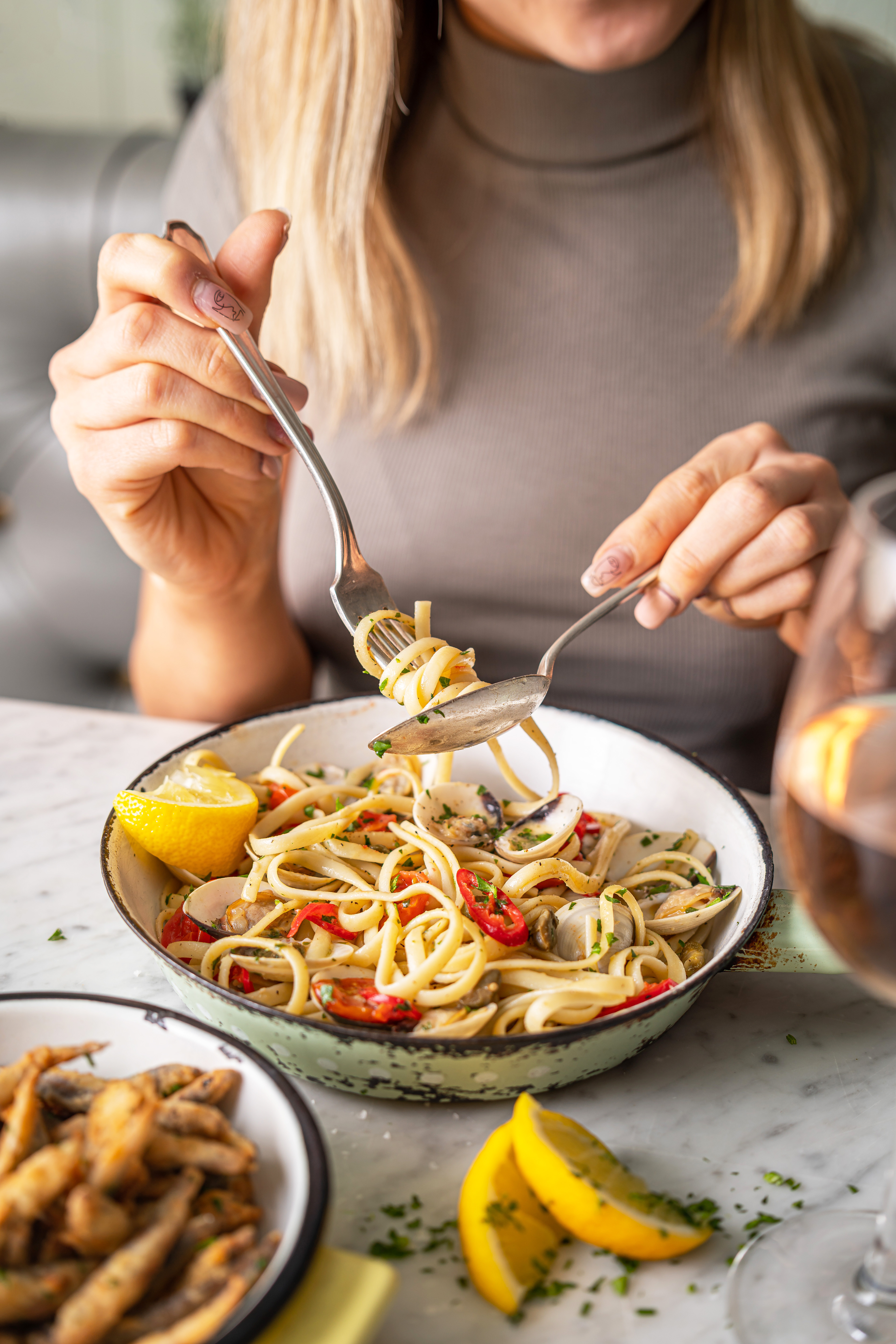Food photography of seafood pasta dish for restaurant menu