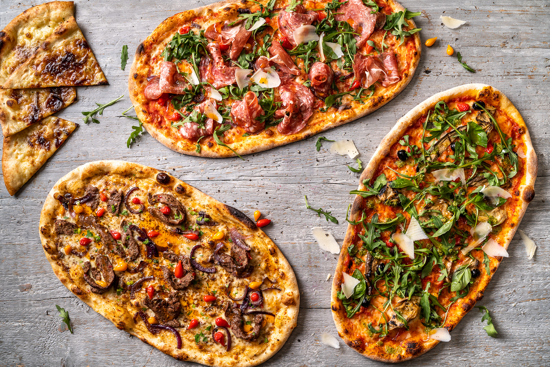 Food photography of pizzas for restaurant menu