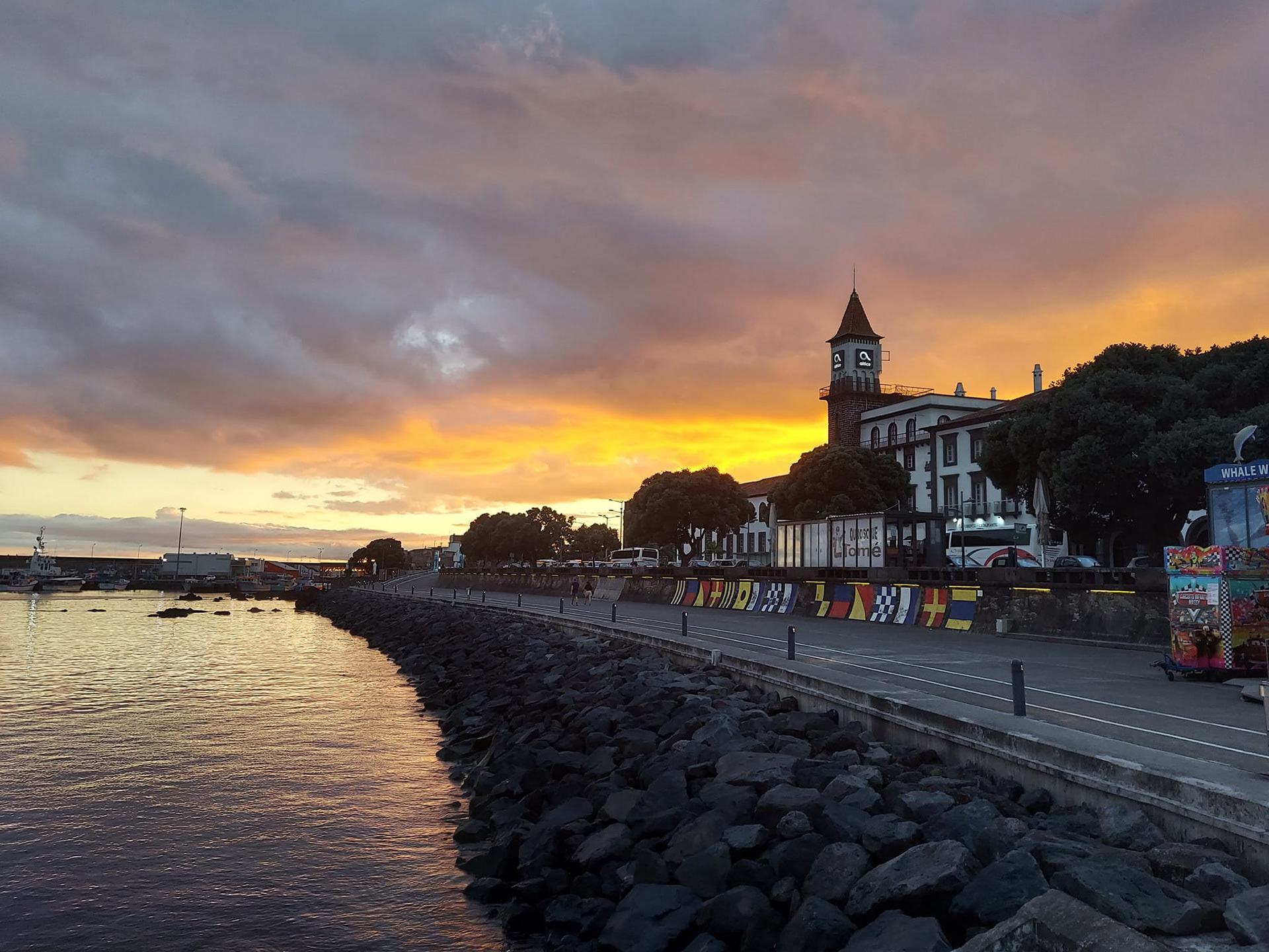 Sunrise along the downtown waterfront of Ponta Delgada.