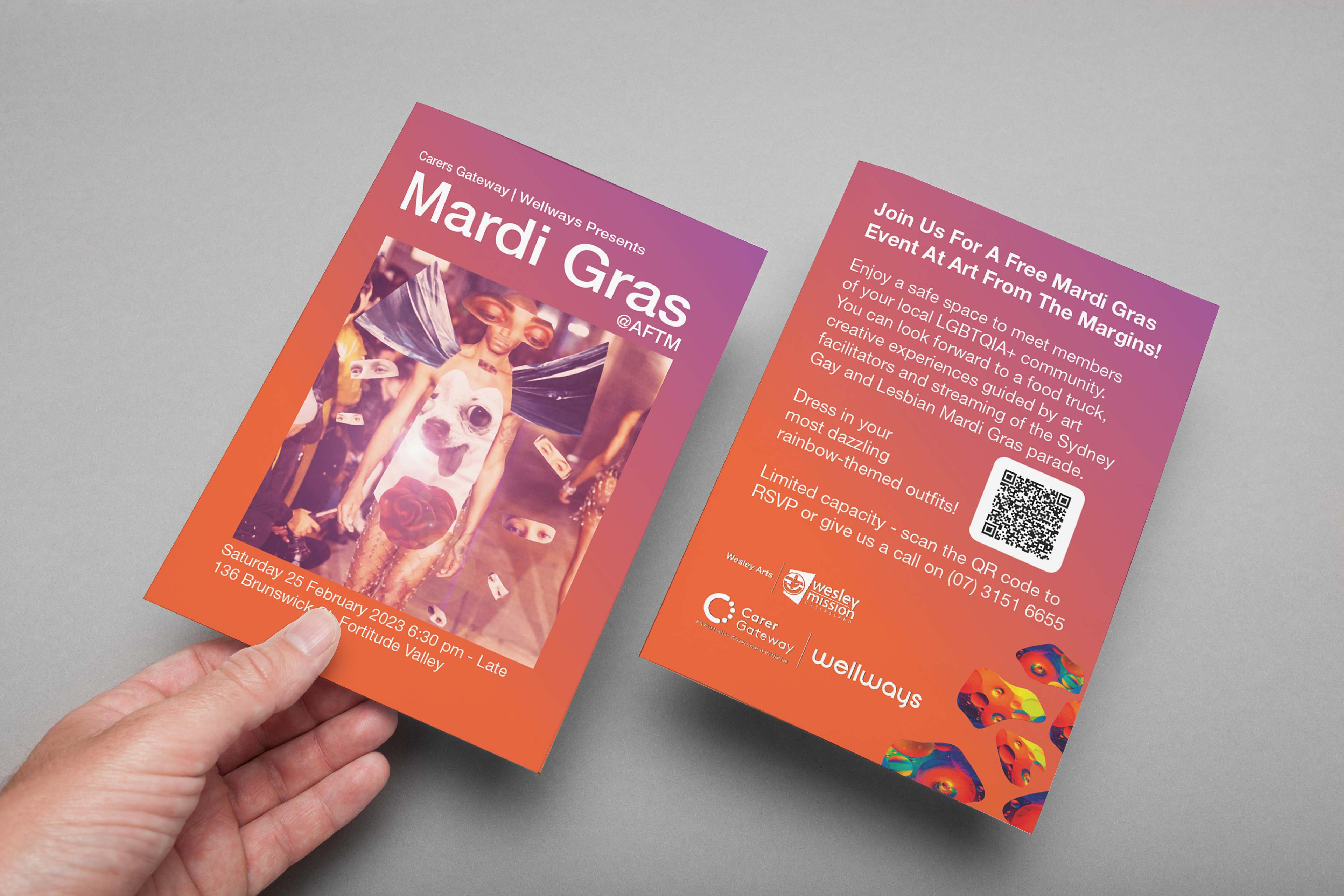 Mardi Gras at Art From The Margins Exhibition Flyer 2023