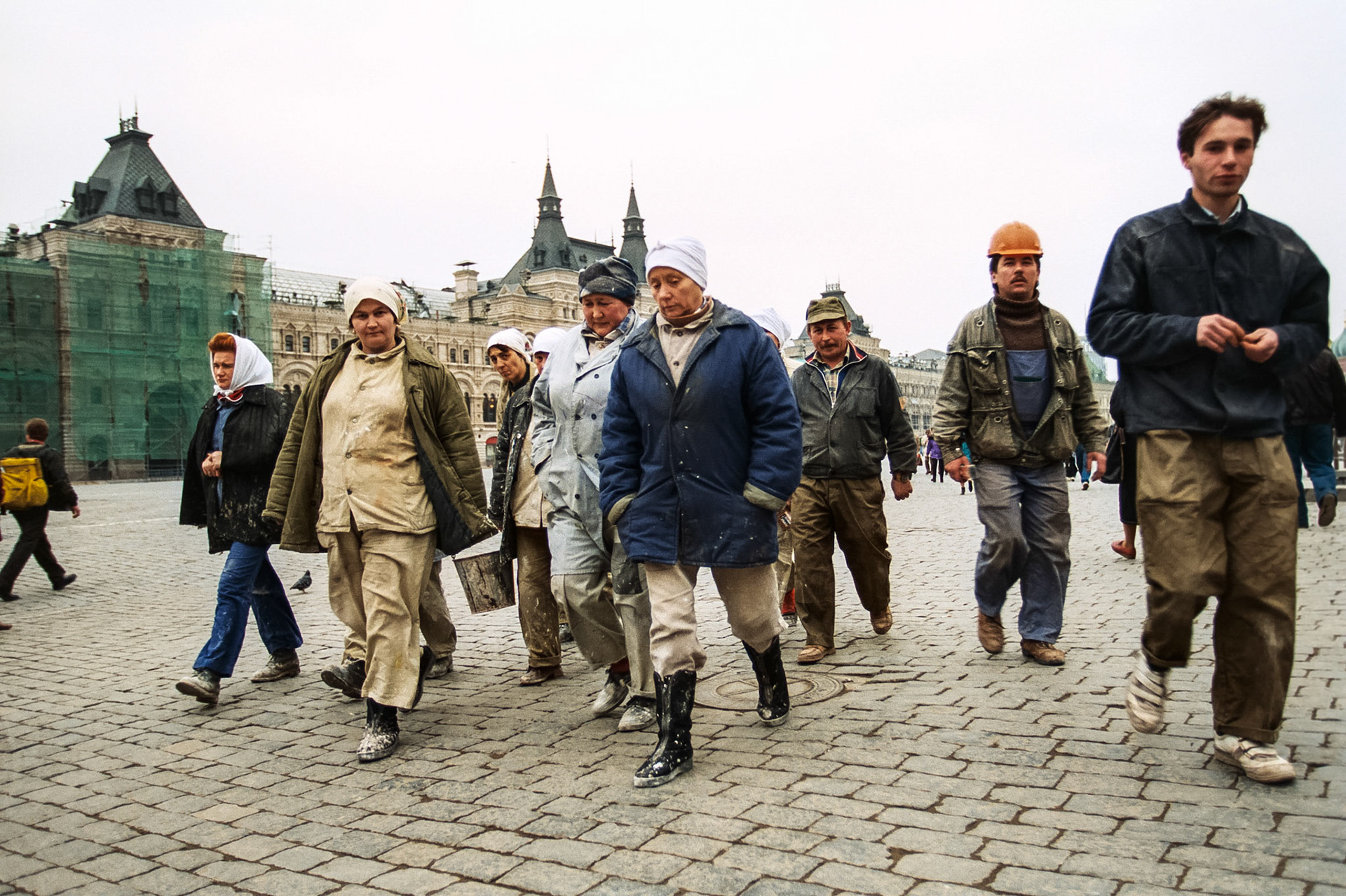 Moscow construction laborers at the end of a work day.