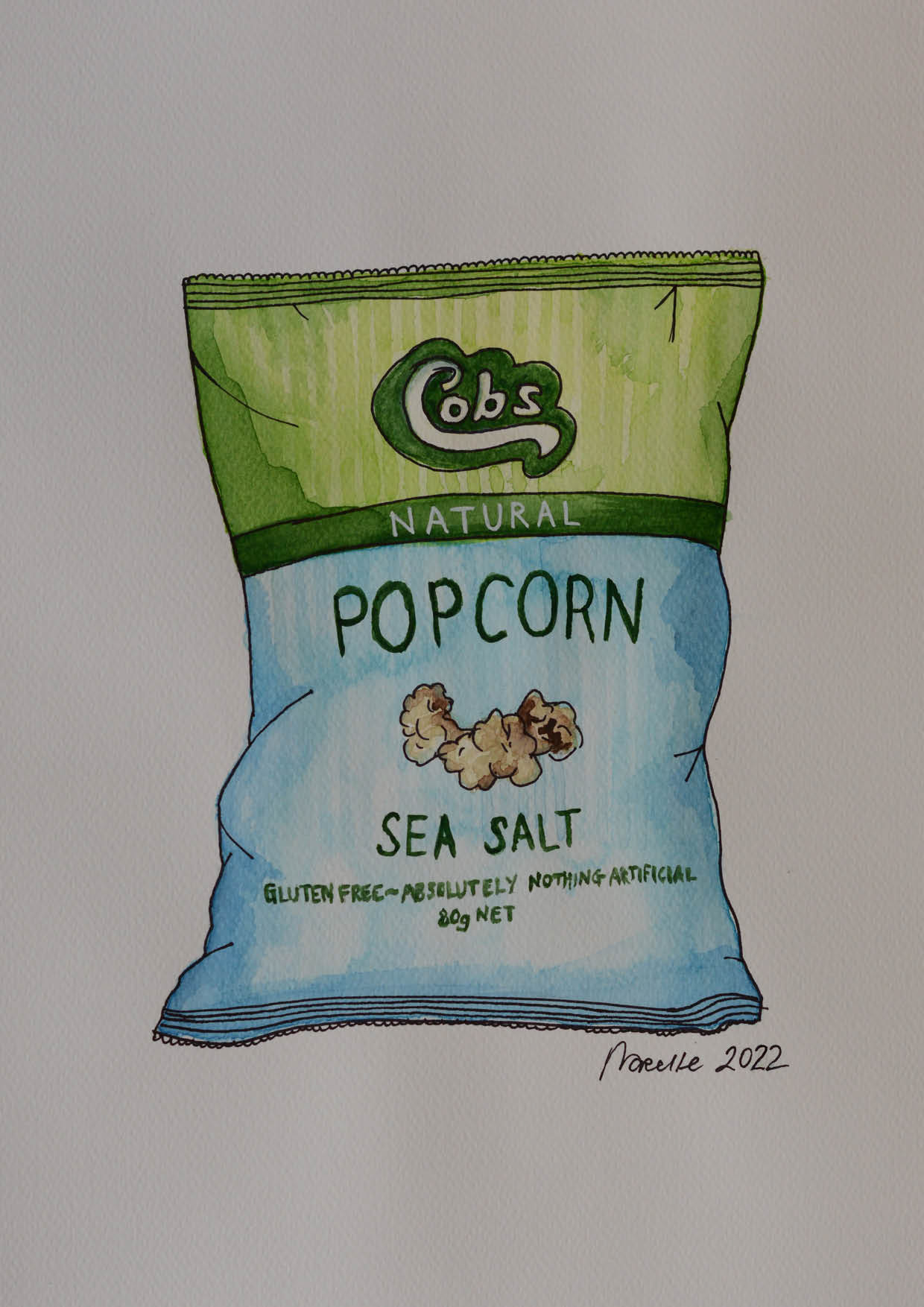 Snack Attack Popcorn Art, watercolour painting, September 2022