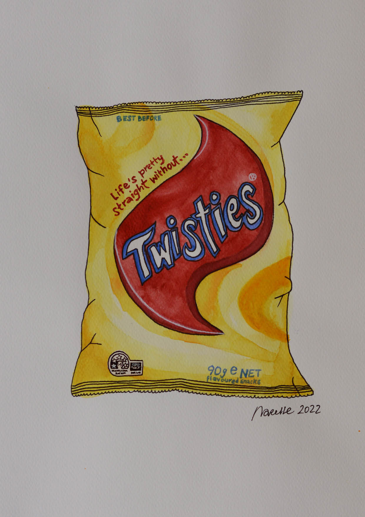 Snack Attack Twisties Art, watercolour painting, 2022