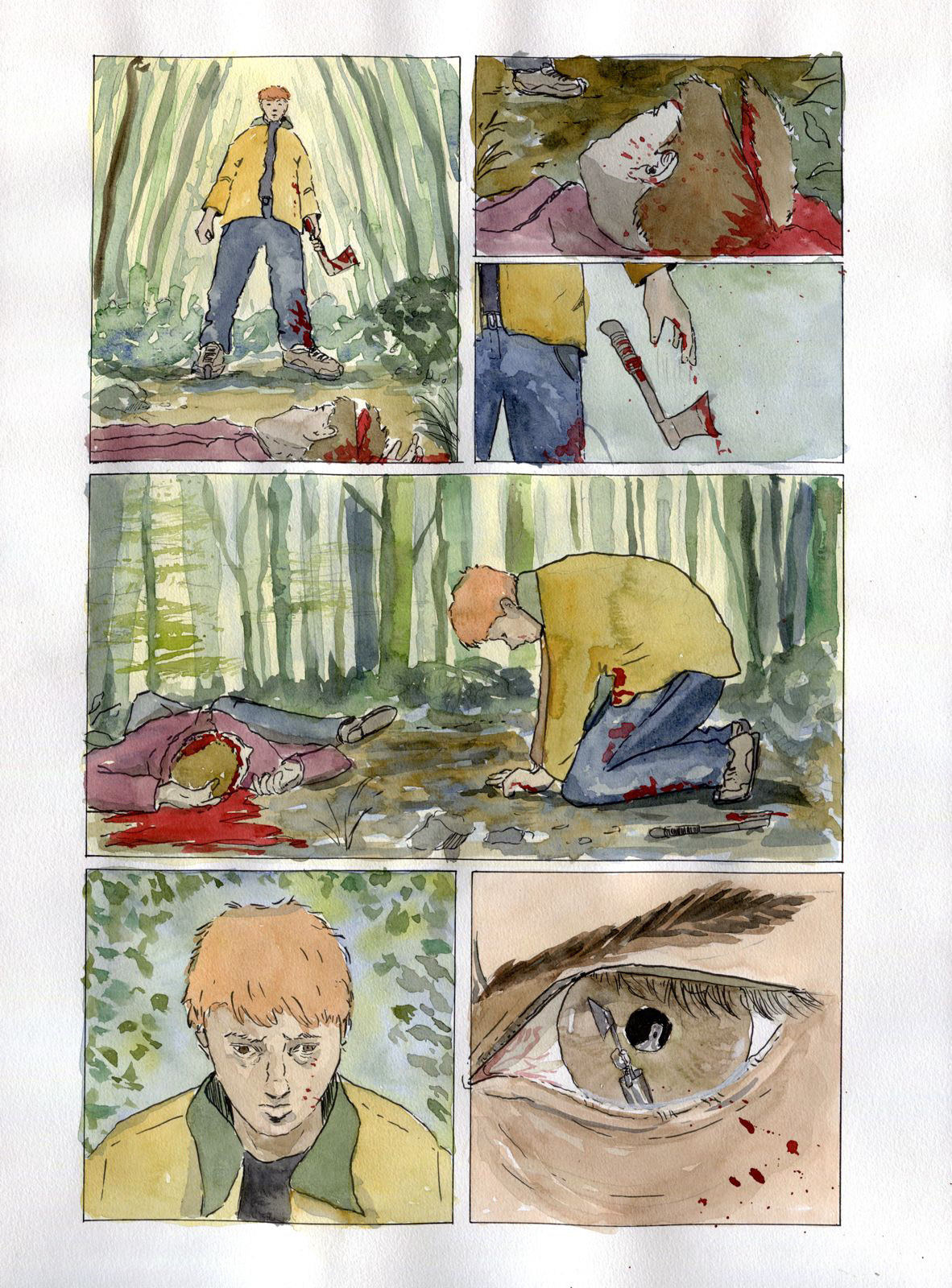 Sample page made from an excerpt of the novel Kill Creek by Scott Thomas. Watercolour on Canson sketching paper and Micron pens.