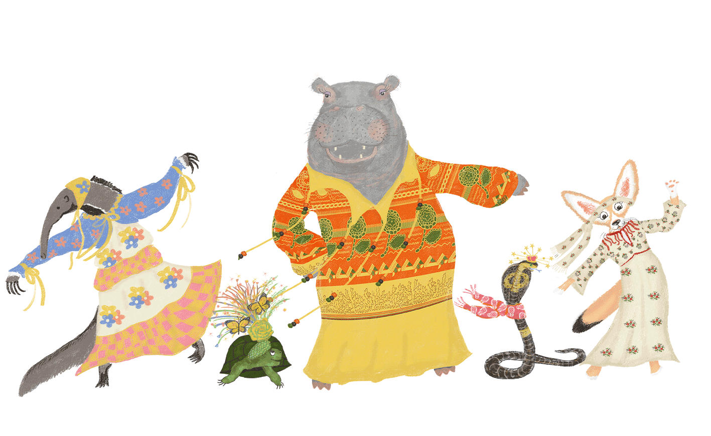 An anteater, tortoise, hippo, cobra and fennec fox wearing vintage fashions