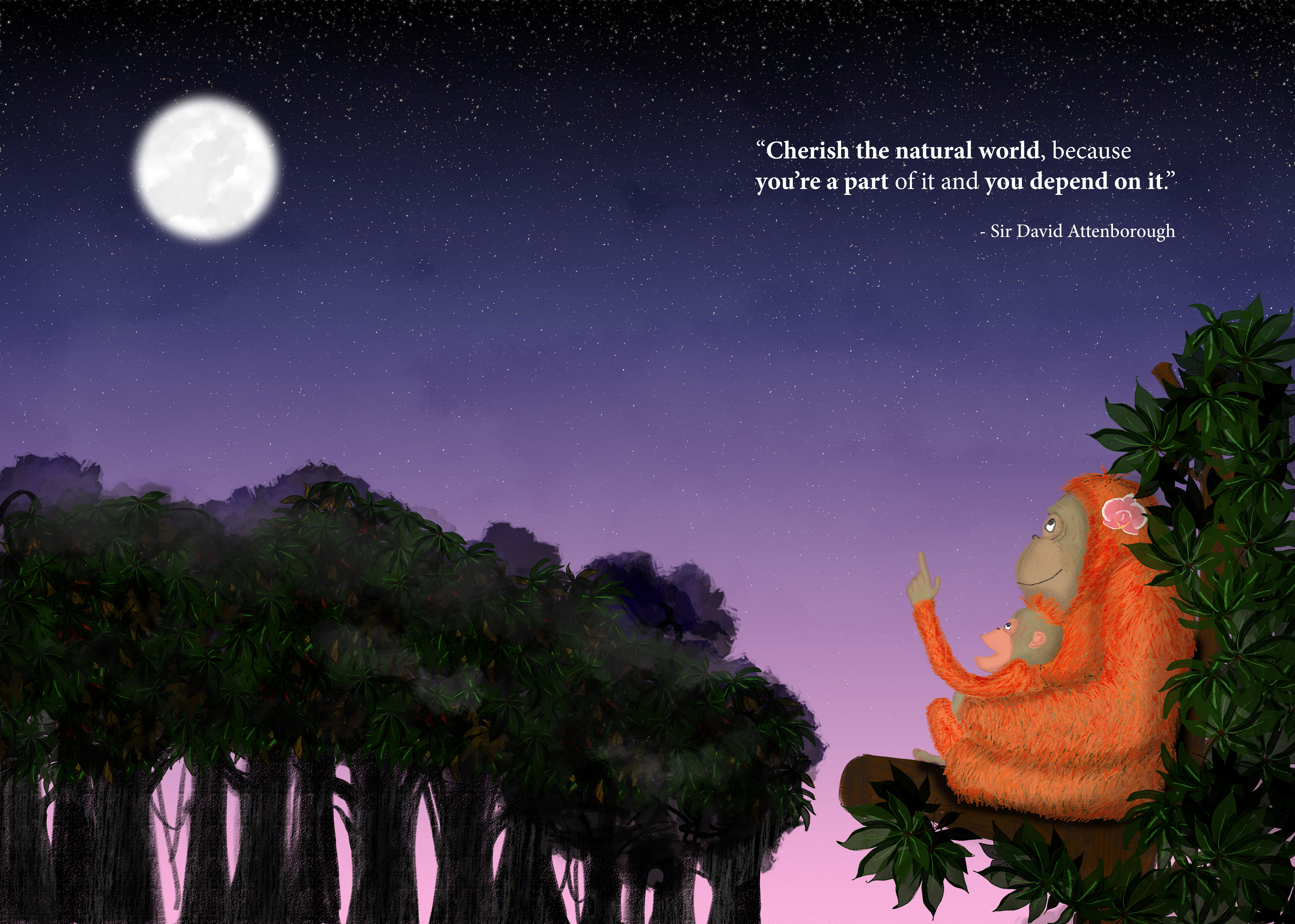 A mother and baby orangutan sitting in a tree looking up at the moon in the night sky.