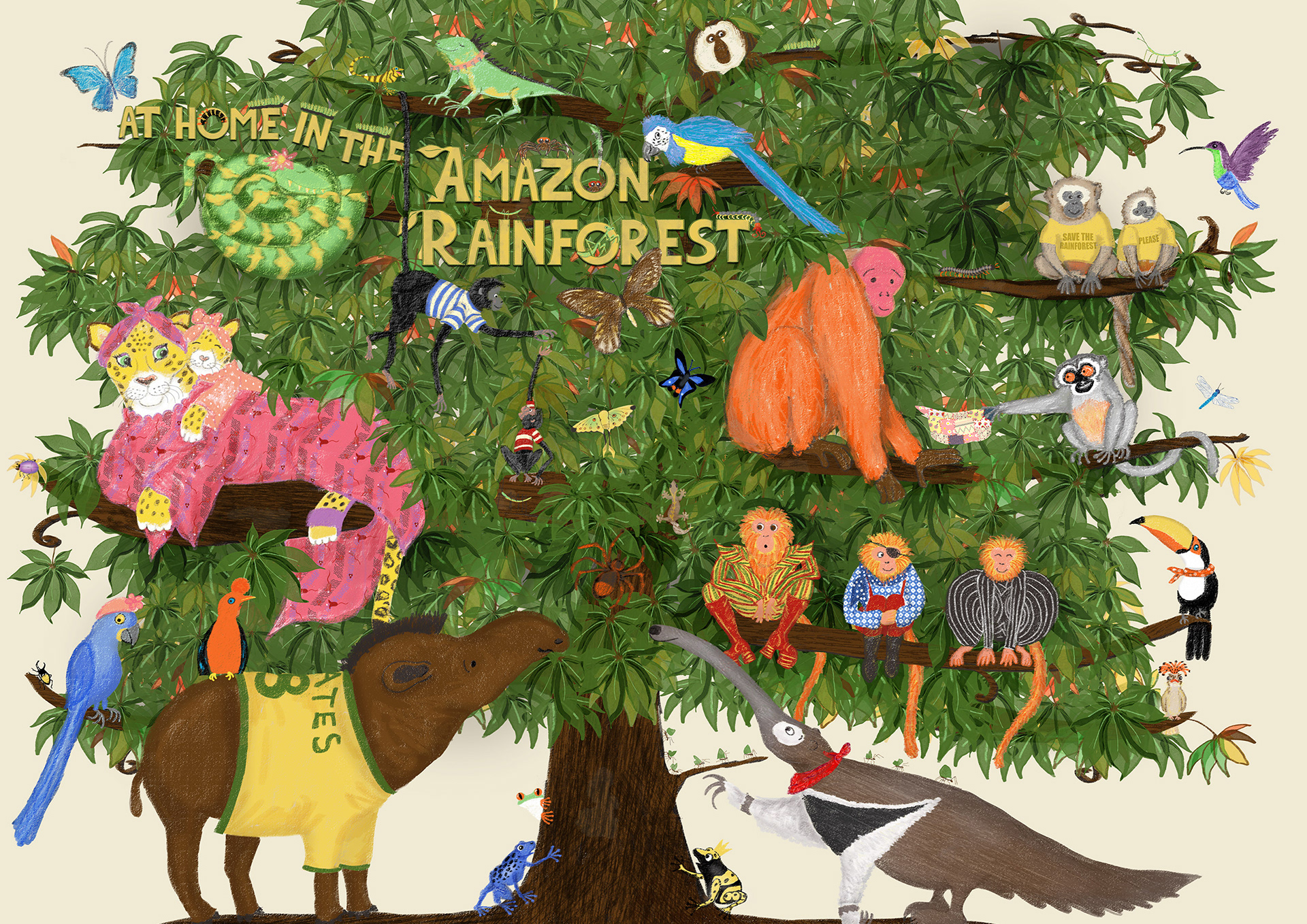 Rainforest animals in a tree, wearing vintage fashions.