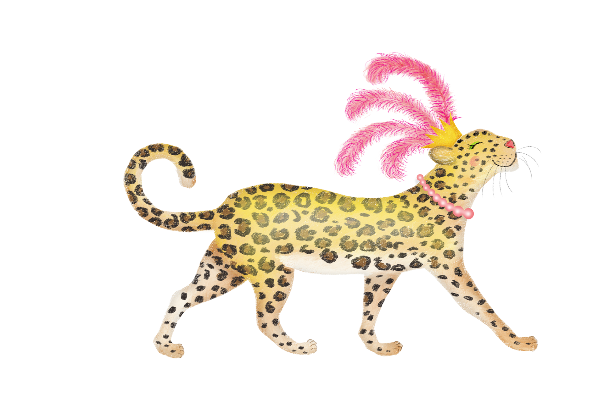 Glamorous leopard wearing a pink feather headdress and pearl necklace.