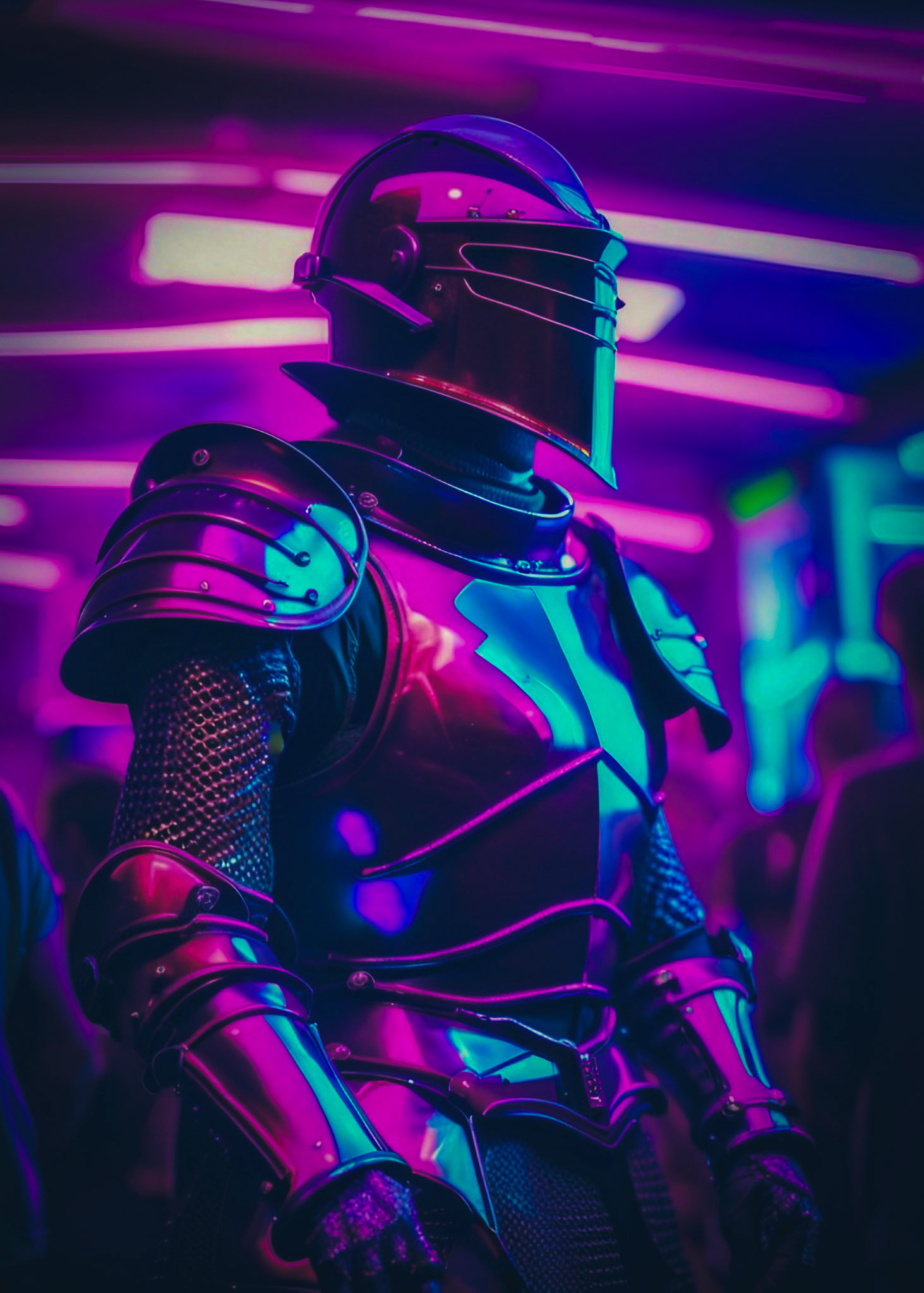 Stable Diffusion AI Artwork. A medieval knight has been transported to a modern day dance club.