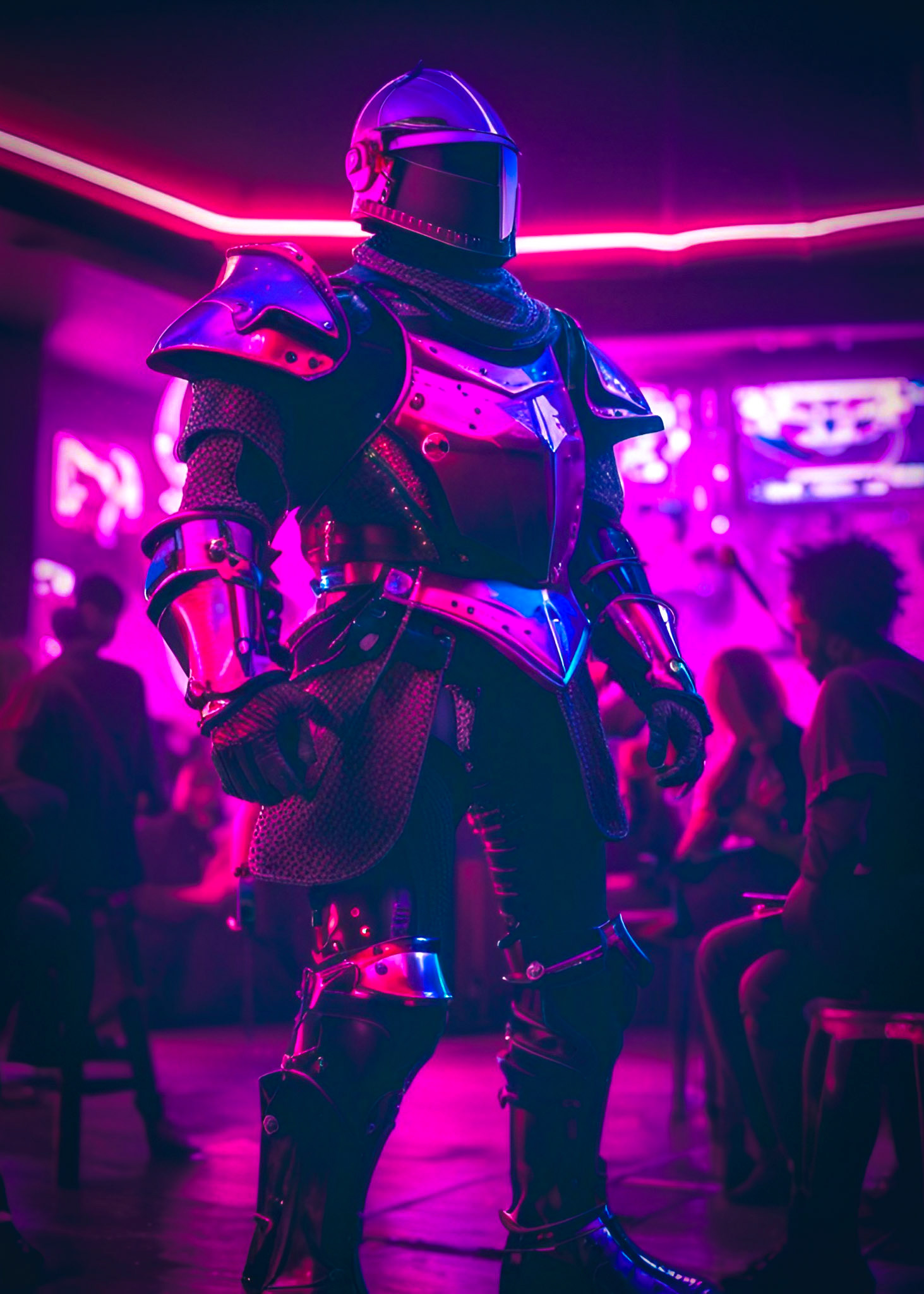 Stable Diffusion AI Artwork. A knight in shining armor dances in a modern day dance club.