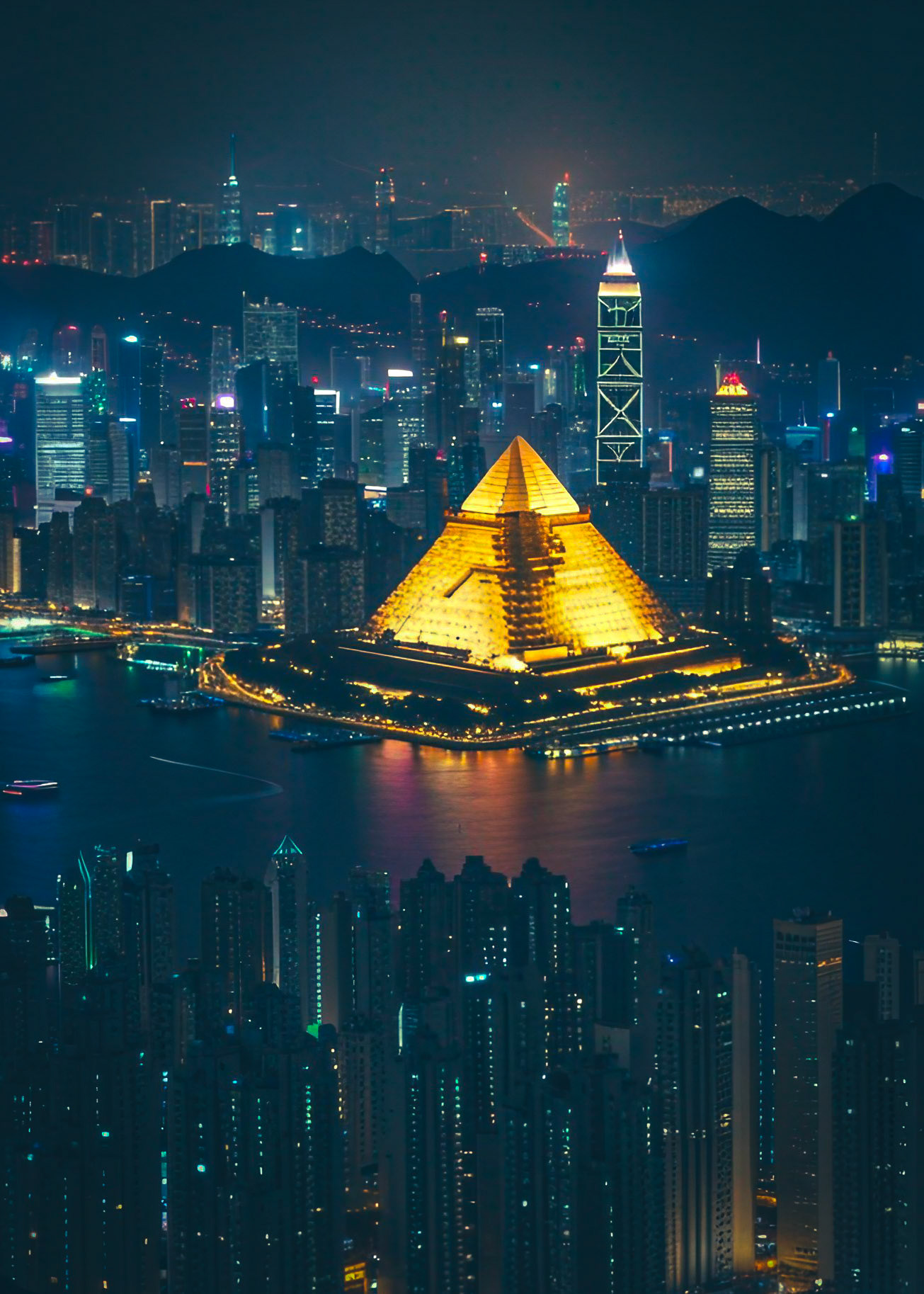 Giza Pyramid in Hong Kong transformed into a futuristic artwork using AI.