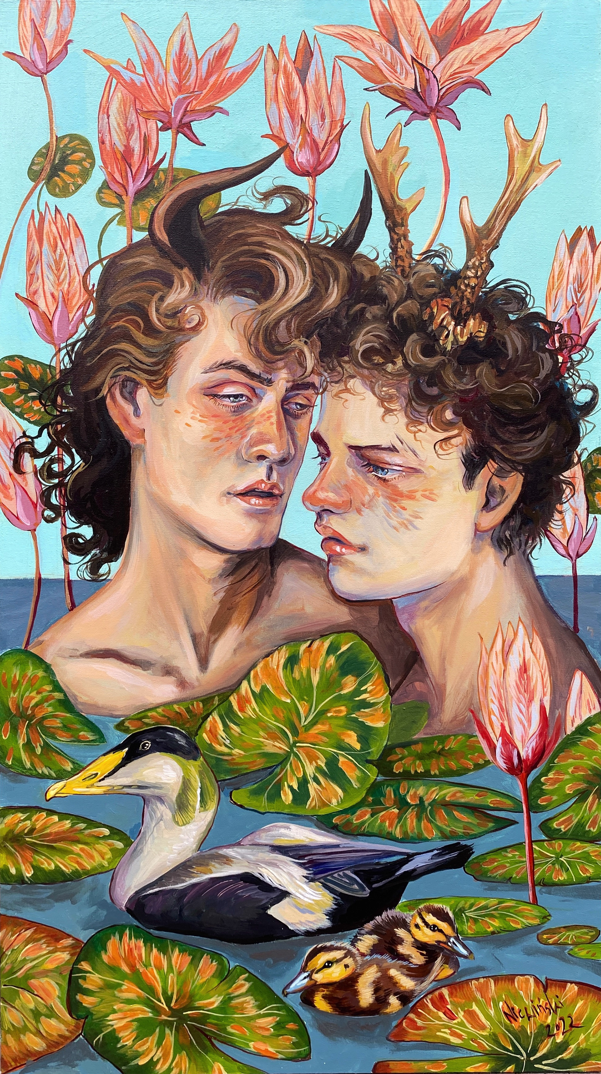 "Pod Taflą Jeziora"; 2022, 90x50 cm; acrylic on canvas