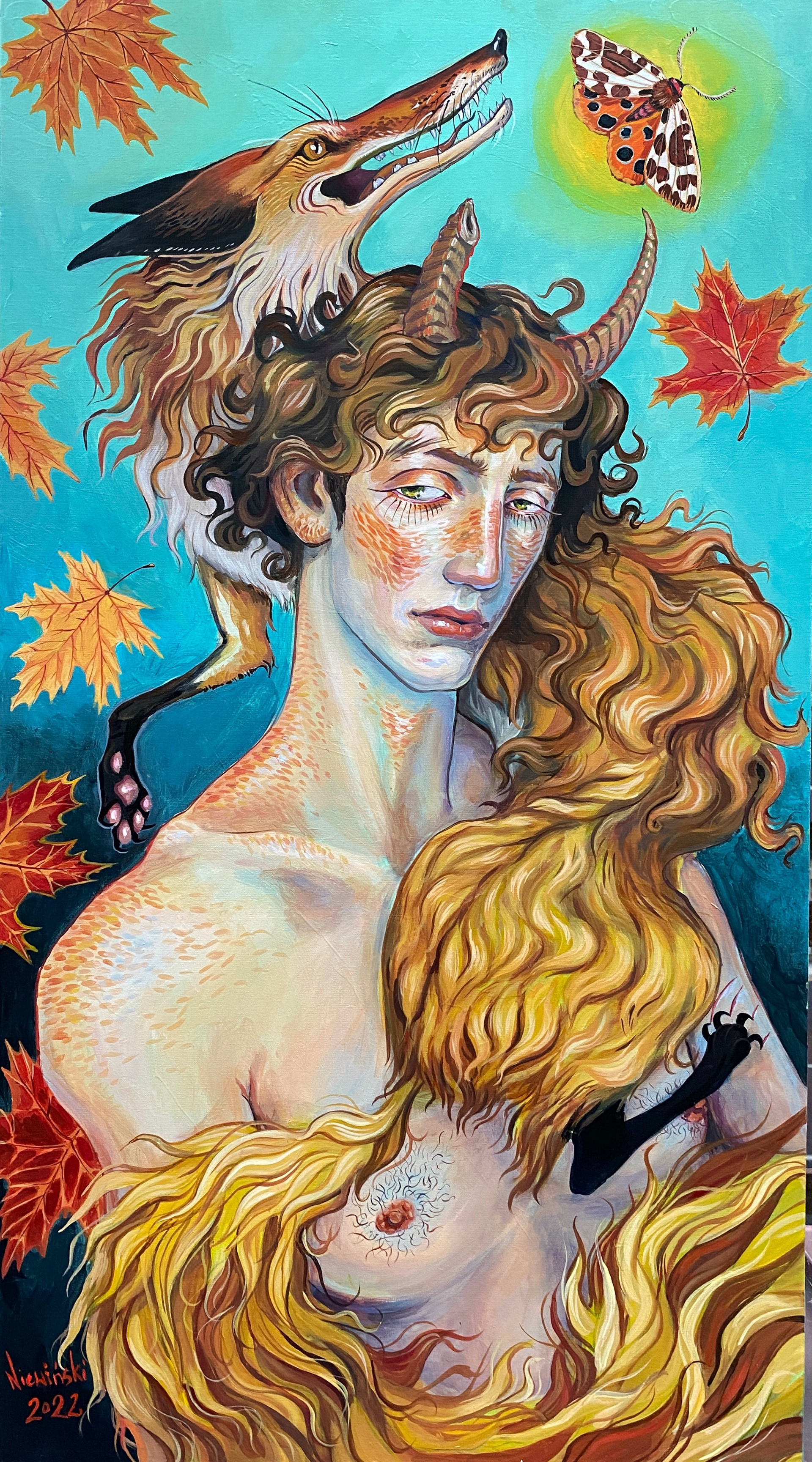 "A Boy witch a Fox"; 2022, 90x50 cm; acrylic on canvas