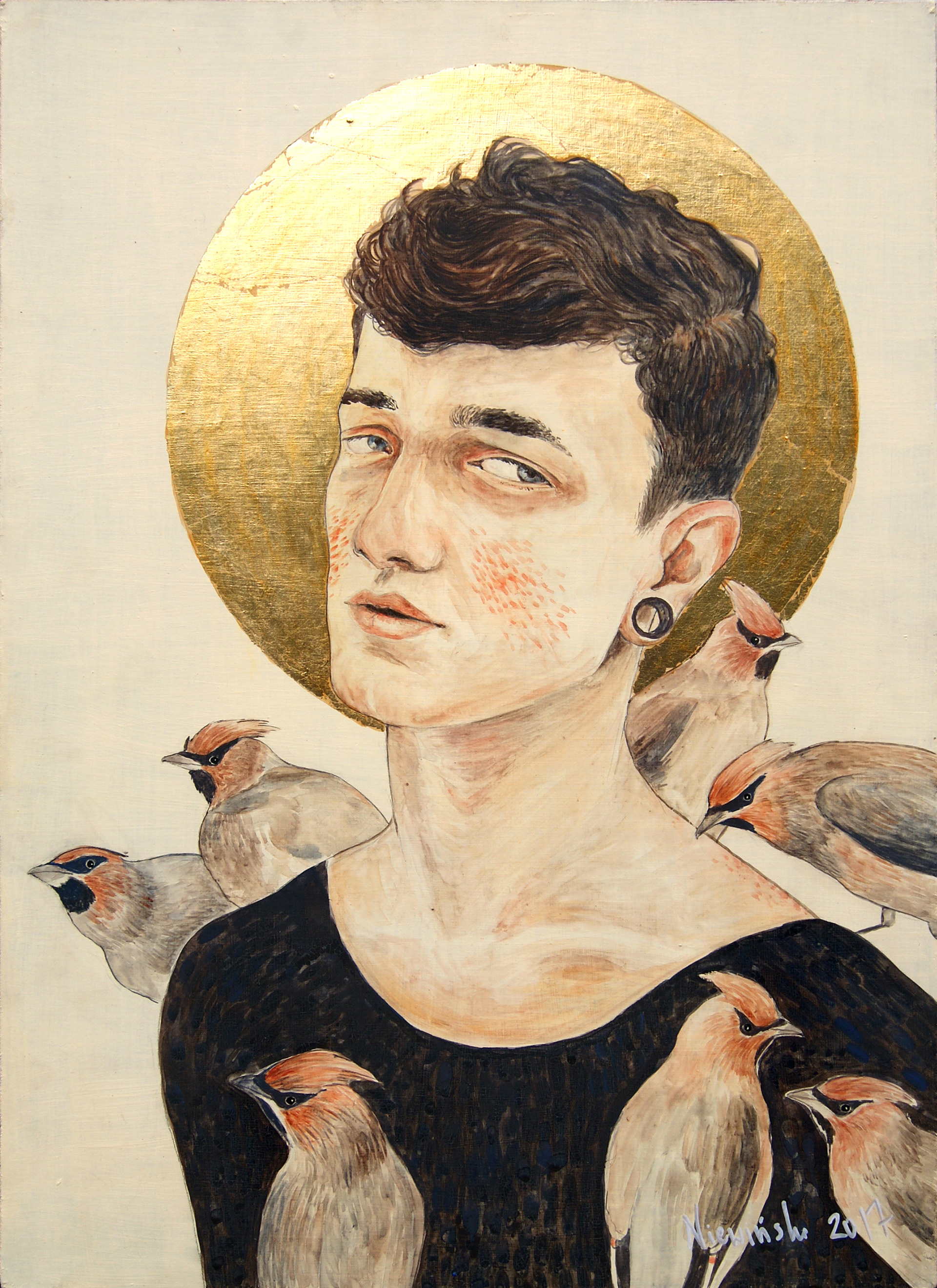 Pod Jemiołą / UNDER THE MISTLETOE; 66/ 48, 2017, acrylic, gold, watercolor on plywood