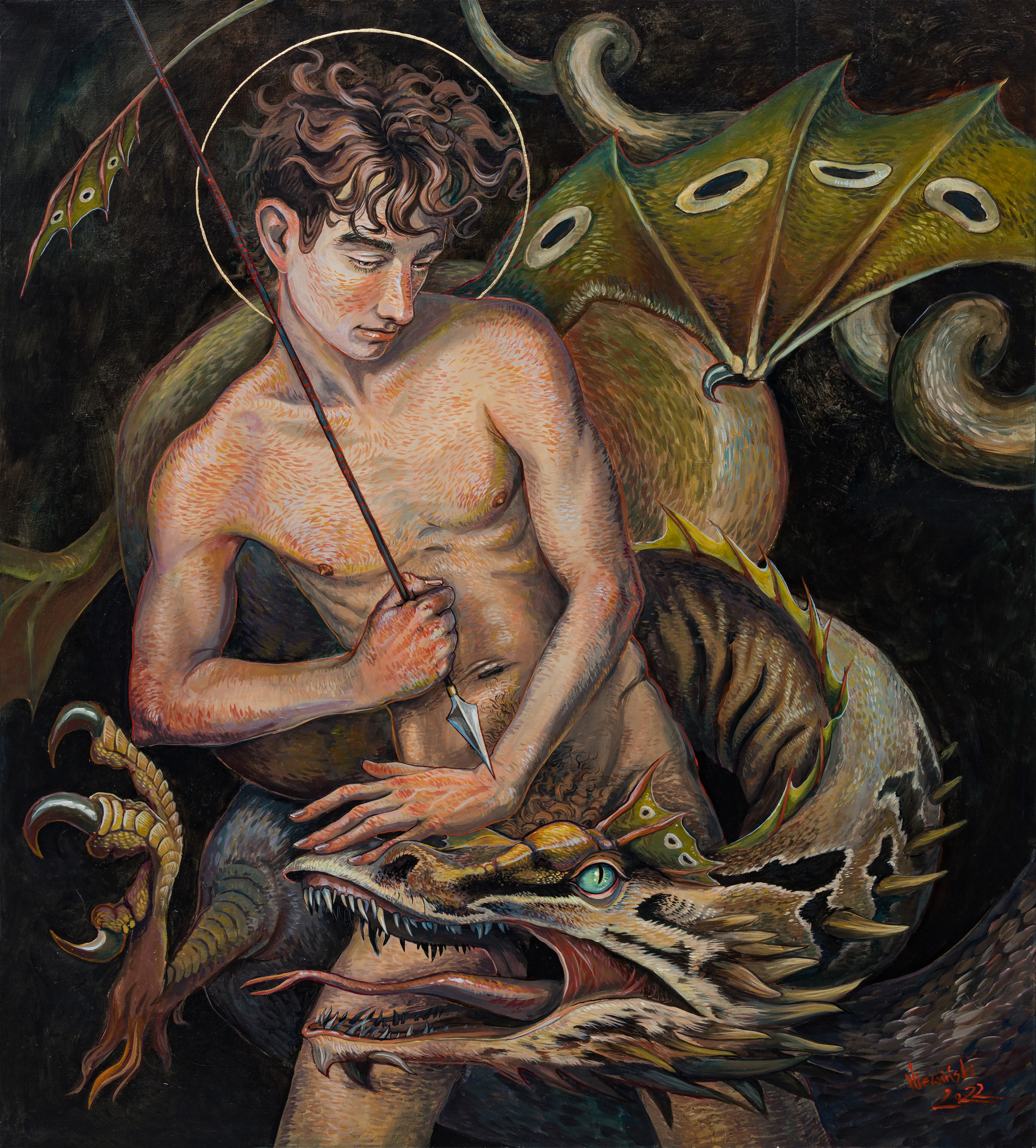 "Saint George and His Dragon"; 2023, 100x90 cm; acrylic on canvas