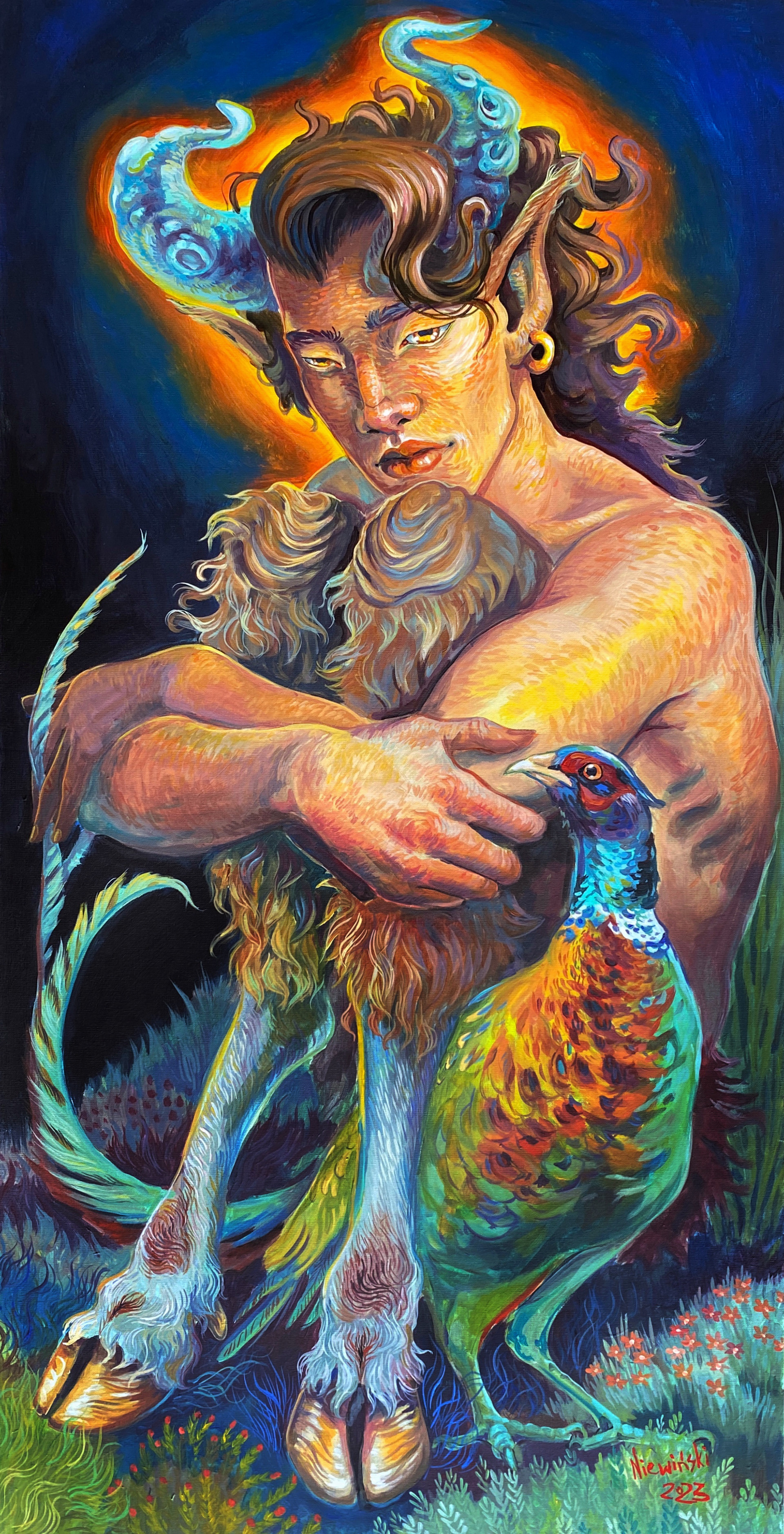 "In the arms of the Forest Spirit"; 2023, 100x50 cm; acrylic on canvas