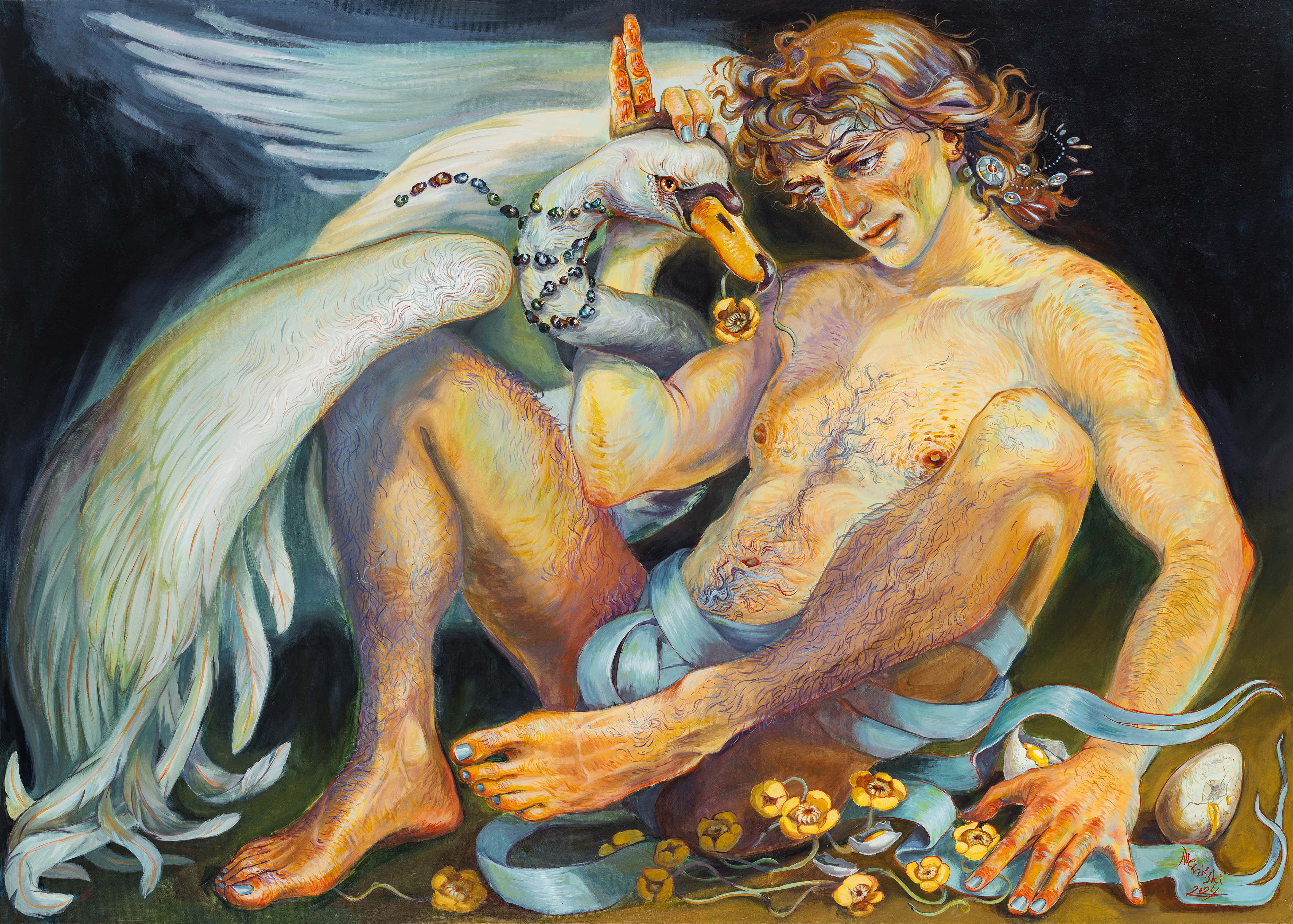 "Leda and the Swan"; 2024; 140 x 100 cm; acrylic on canvas