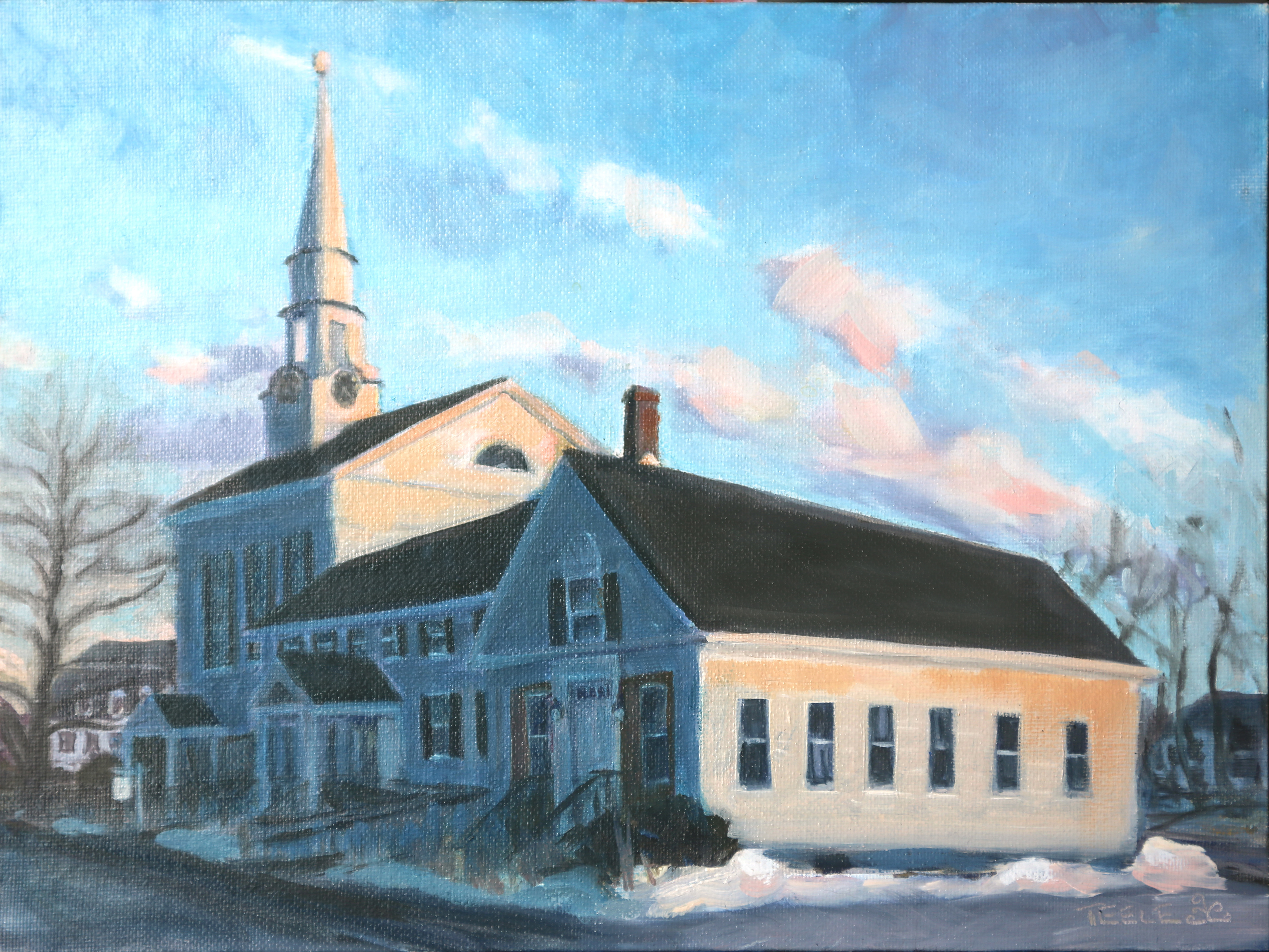 Winter Light Unitarian Church, 9x12 oil on canvas
