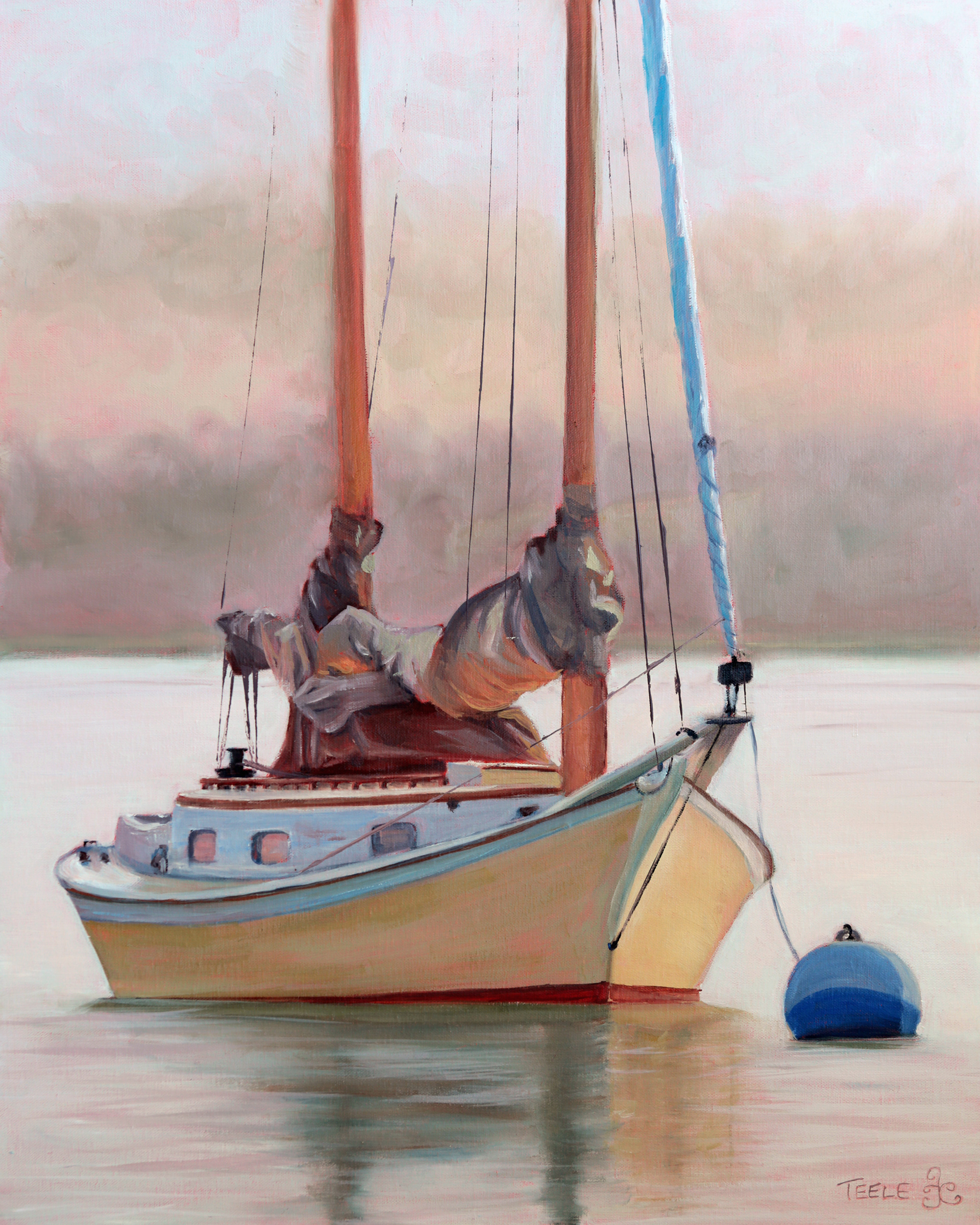 "Misty Morning Catboat" 18x24, oil on linen