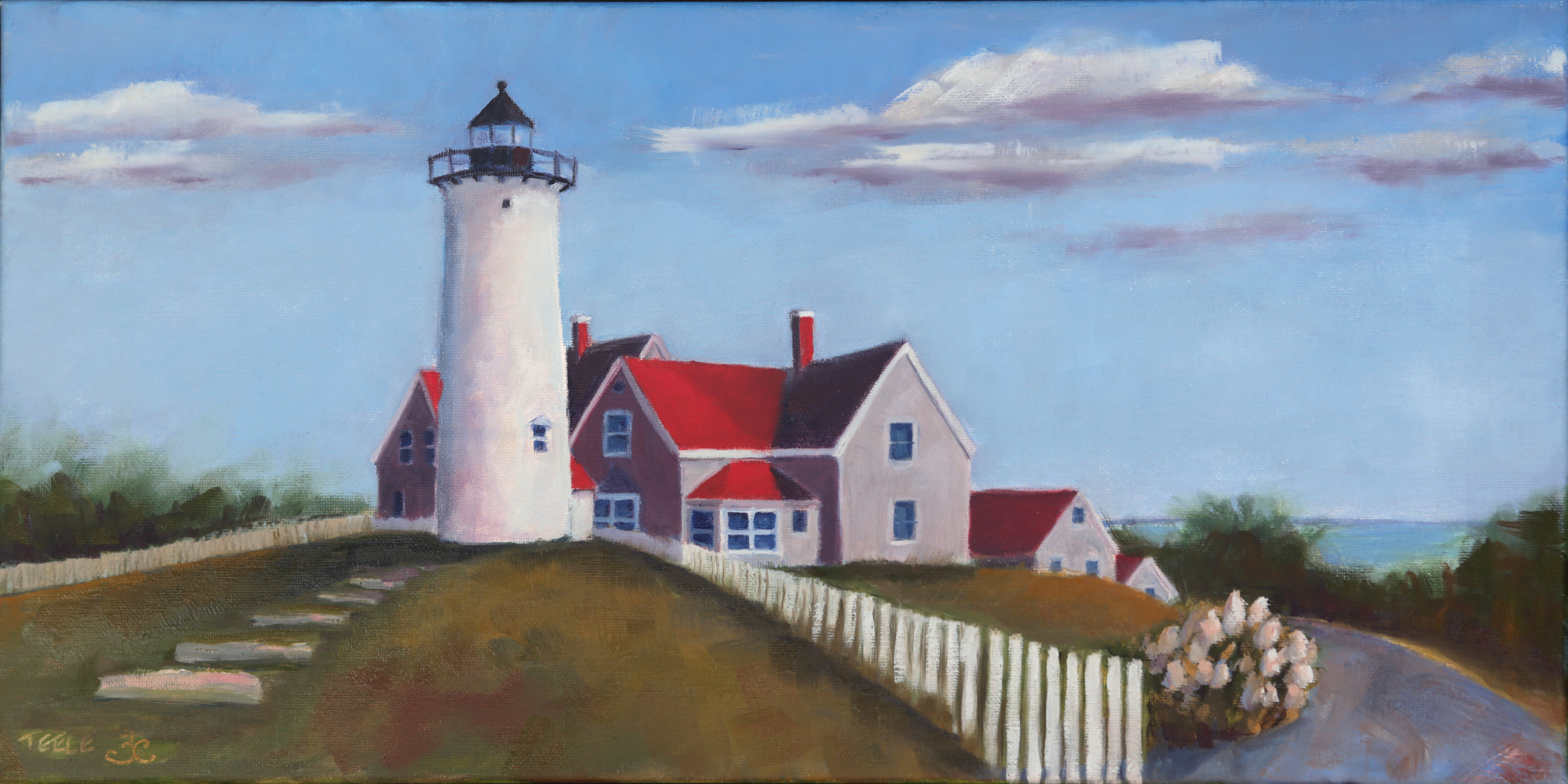 "Red Roofs Nobska Light" 10x20, oil on canvas, frame