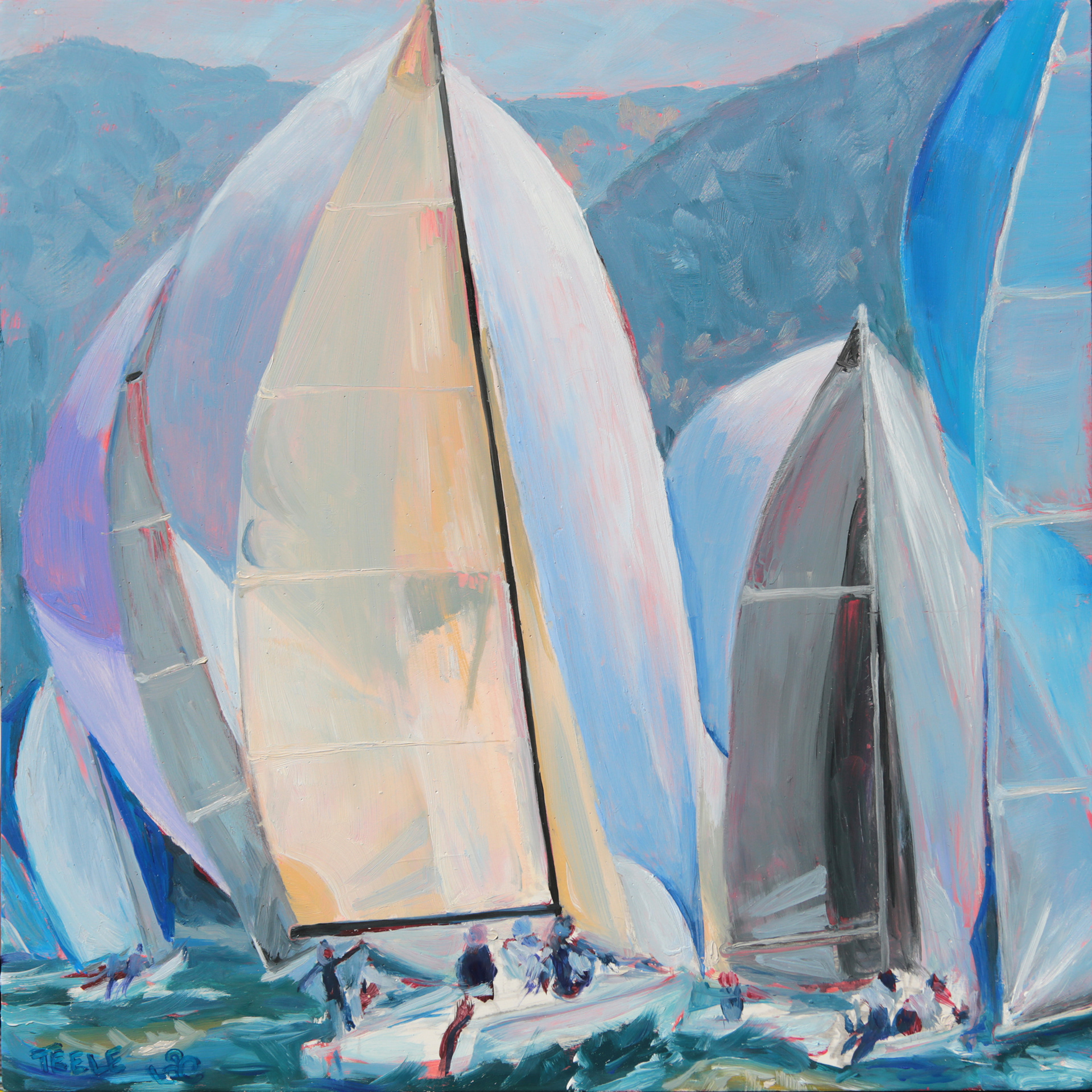 "Spinnakers, Sails and Dreams" 10x10, oil and cold wax on birch board 