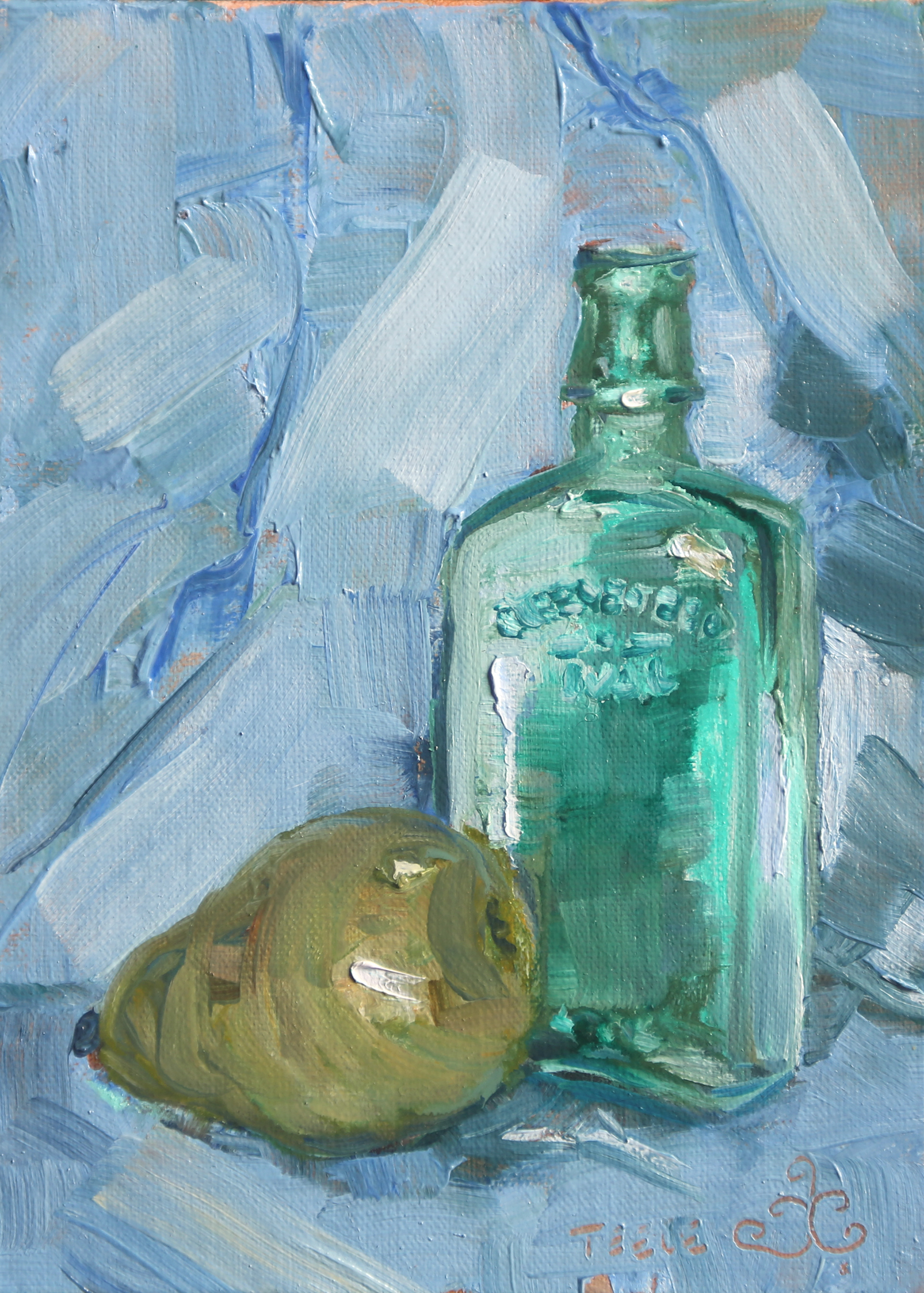 Green Glass & Pear, 5x7 oil on panel