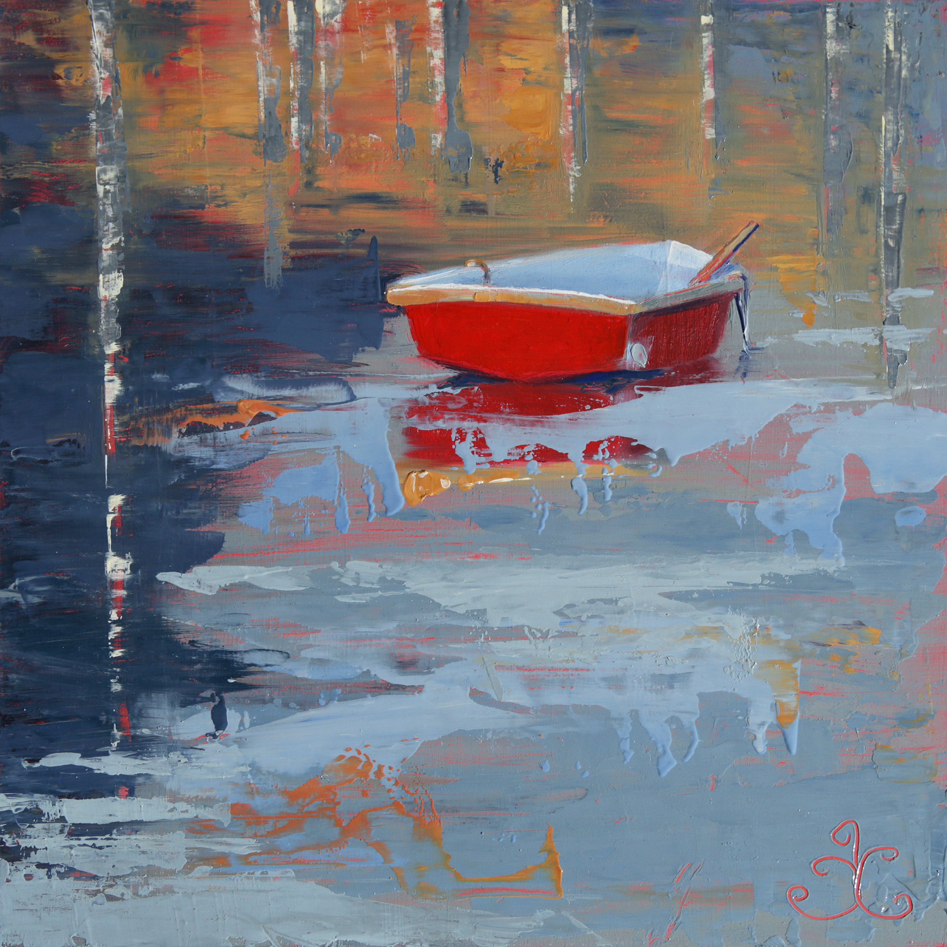 Red Reflections, 10x10 oil on canvas
