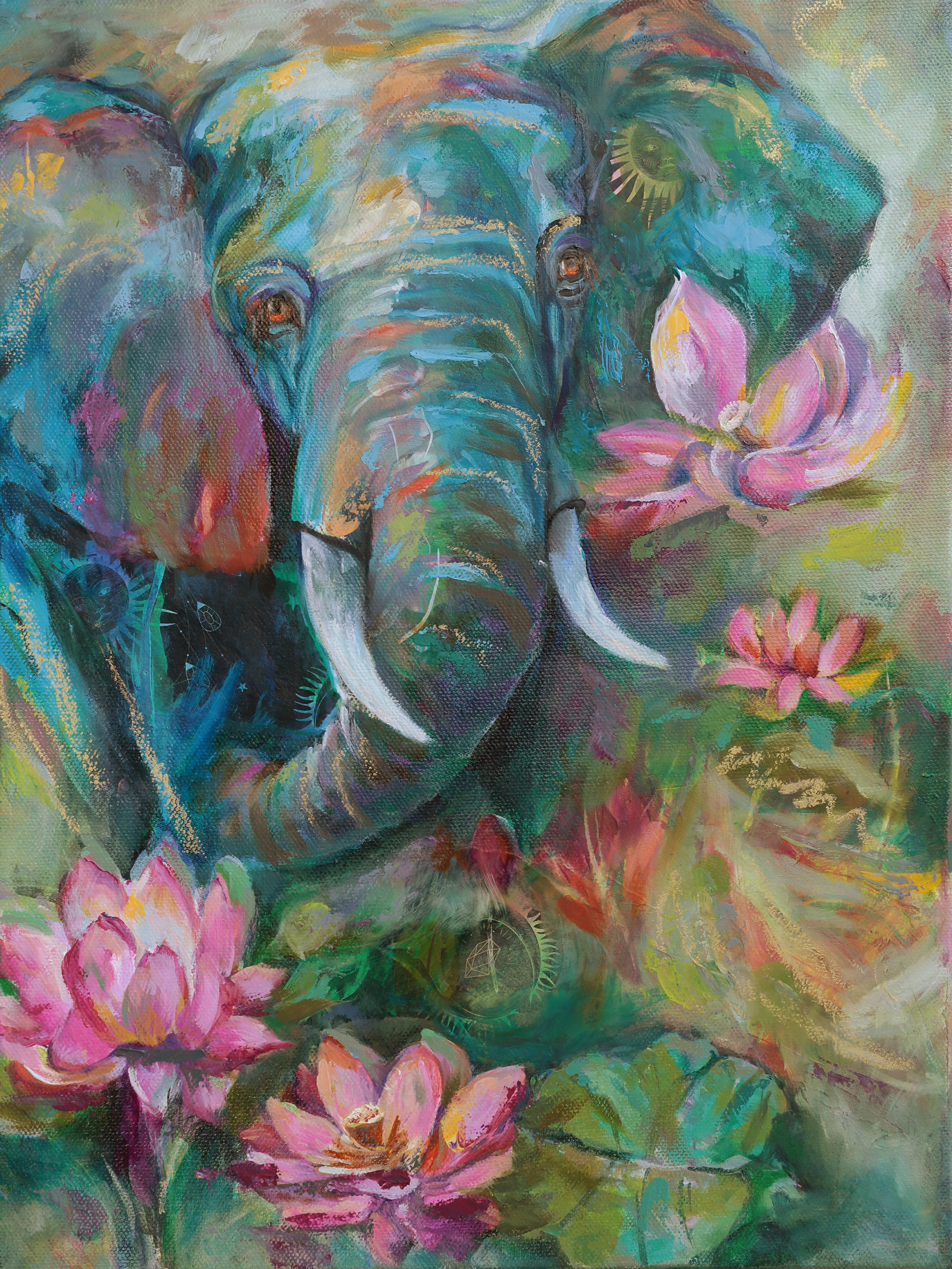 "The Elephant and the Lotus" 12x16, Mixed Media