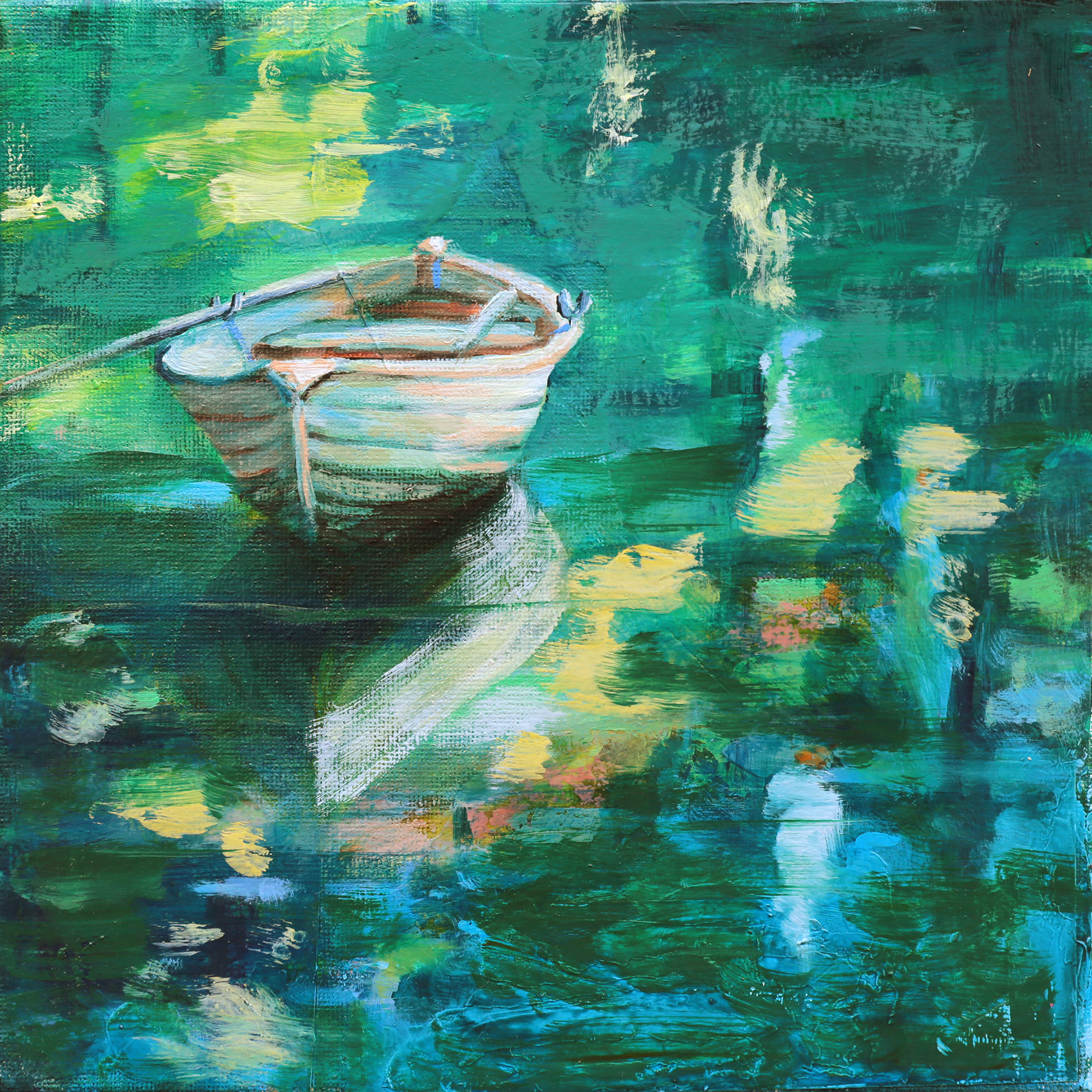 "Emerald Stillness" 8x8, Mixed Media