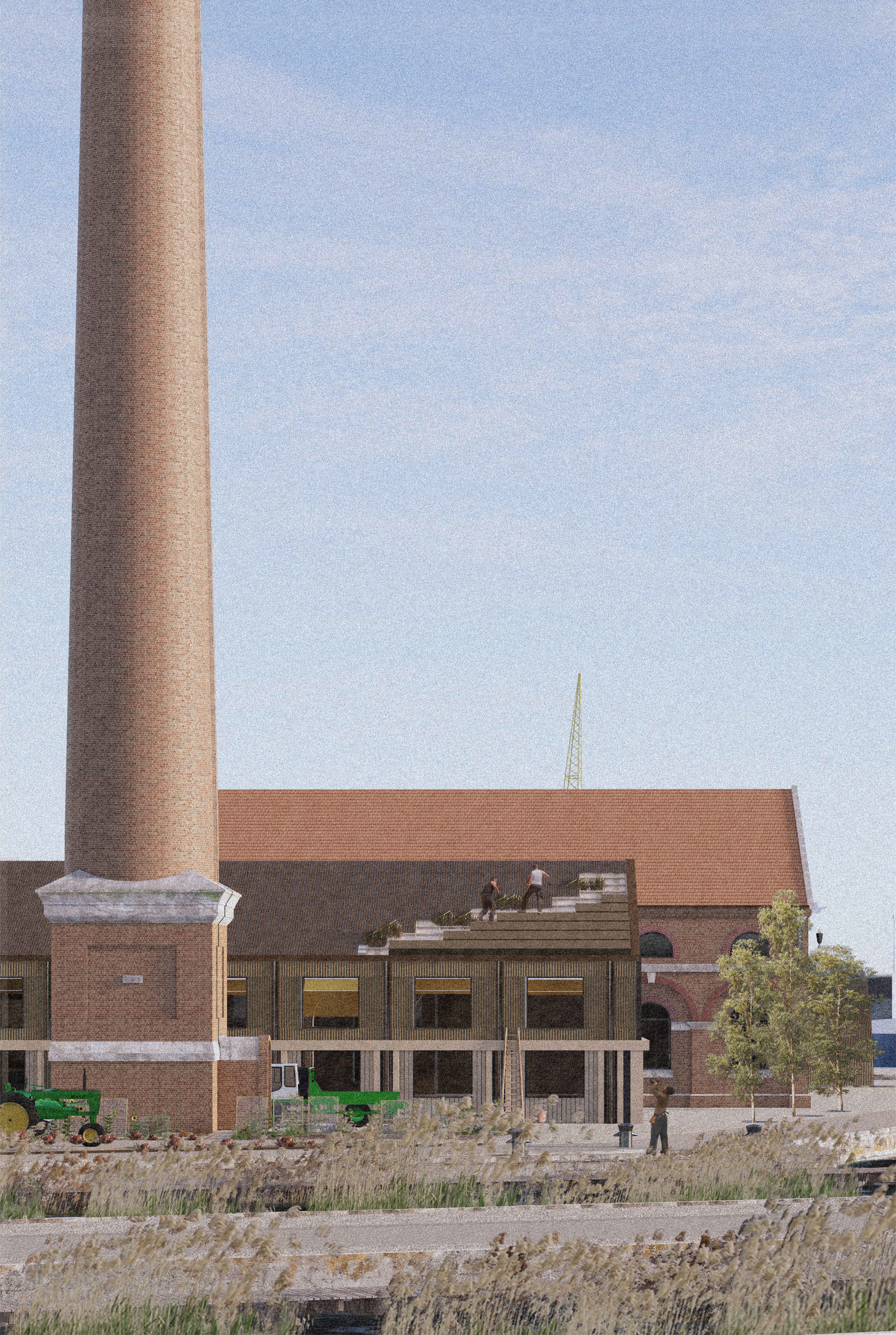 Render Image - Installation of reed thatch roof upon the proposed school's dining hall