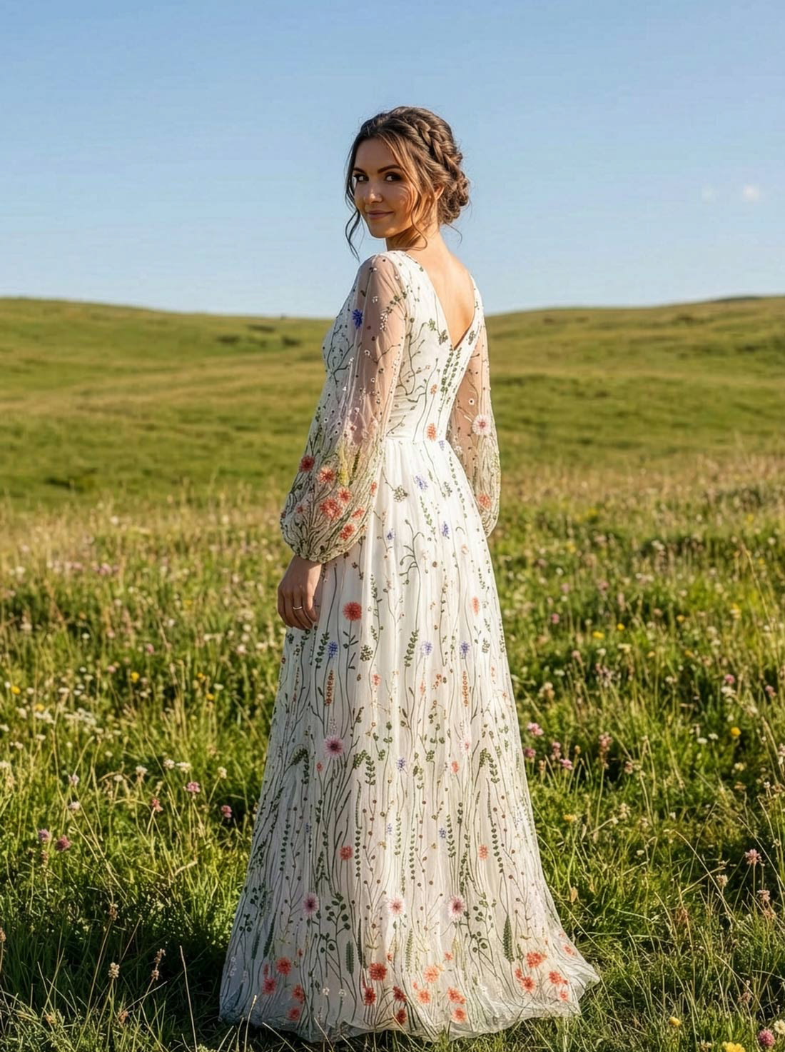 Dein Moment im Grünen: Ein farbenfrohes Hochzeitskleid, das die Natürlichkeit einer Wiesenhochzeit in jedem Stickerei-Detail einfängt.