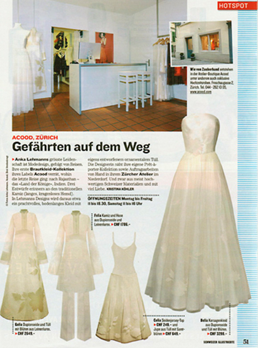 Brautkleidkollektion von Acood mit floralen Details veröffentlicht in der Schweizer Illustrierten.