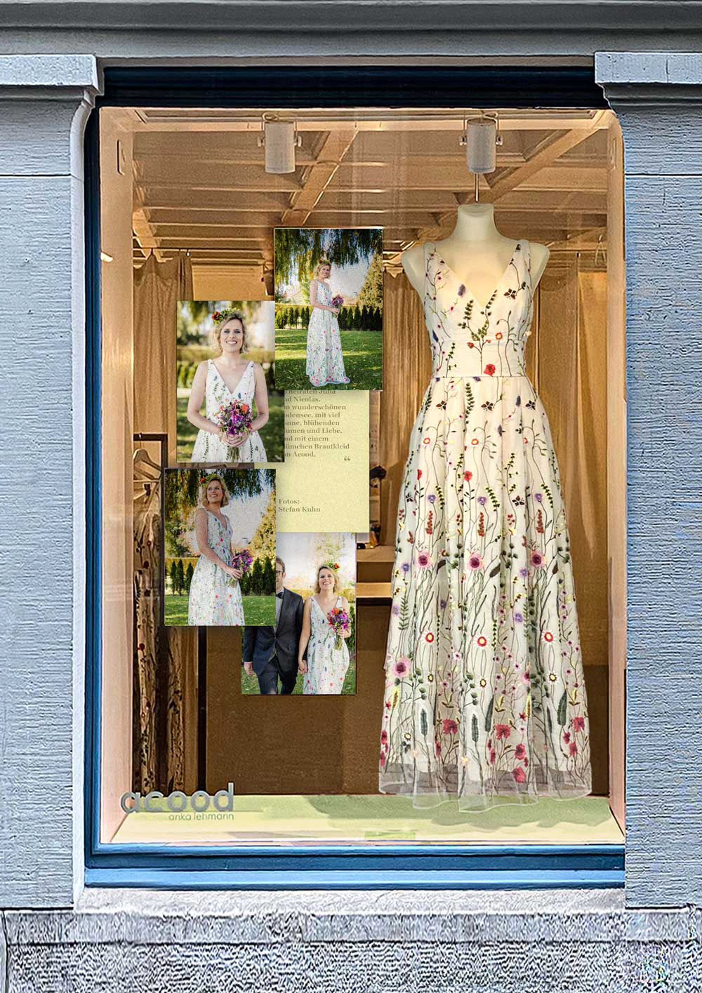 Design von Anka Lehmann-Lubnow, ivory Brautkleid: Langer, fein bestickter Tüll mit floralen Details.