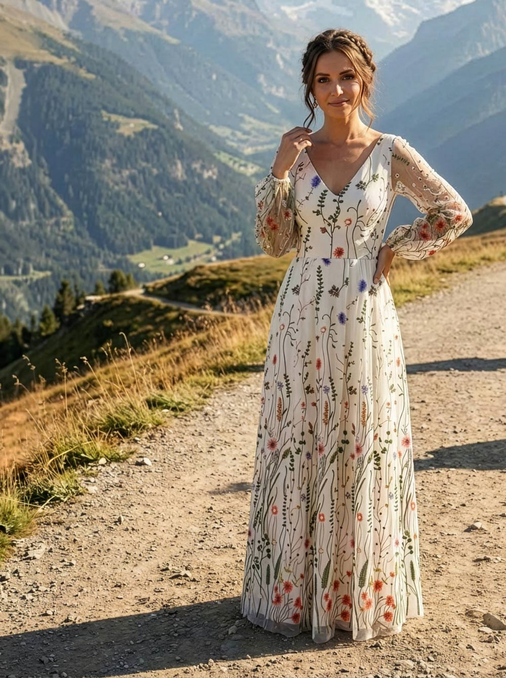 Romantik pur: Dieses taillierte Brautkleid mit bunten Wildblumen-Stickereien und weitem Rockteil aus Feintüll ist wie gemacht für eine Trauung in freier Natur.