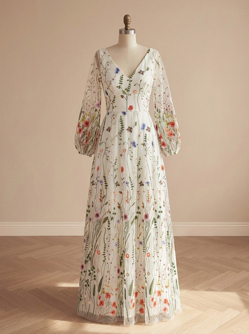 Massgeschneidertes ivory Brautkleid: Langer, fein bestickter Tüll mit floralen Details und langen Ärmeln.