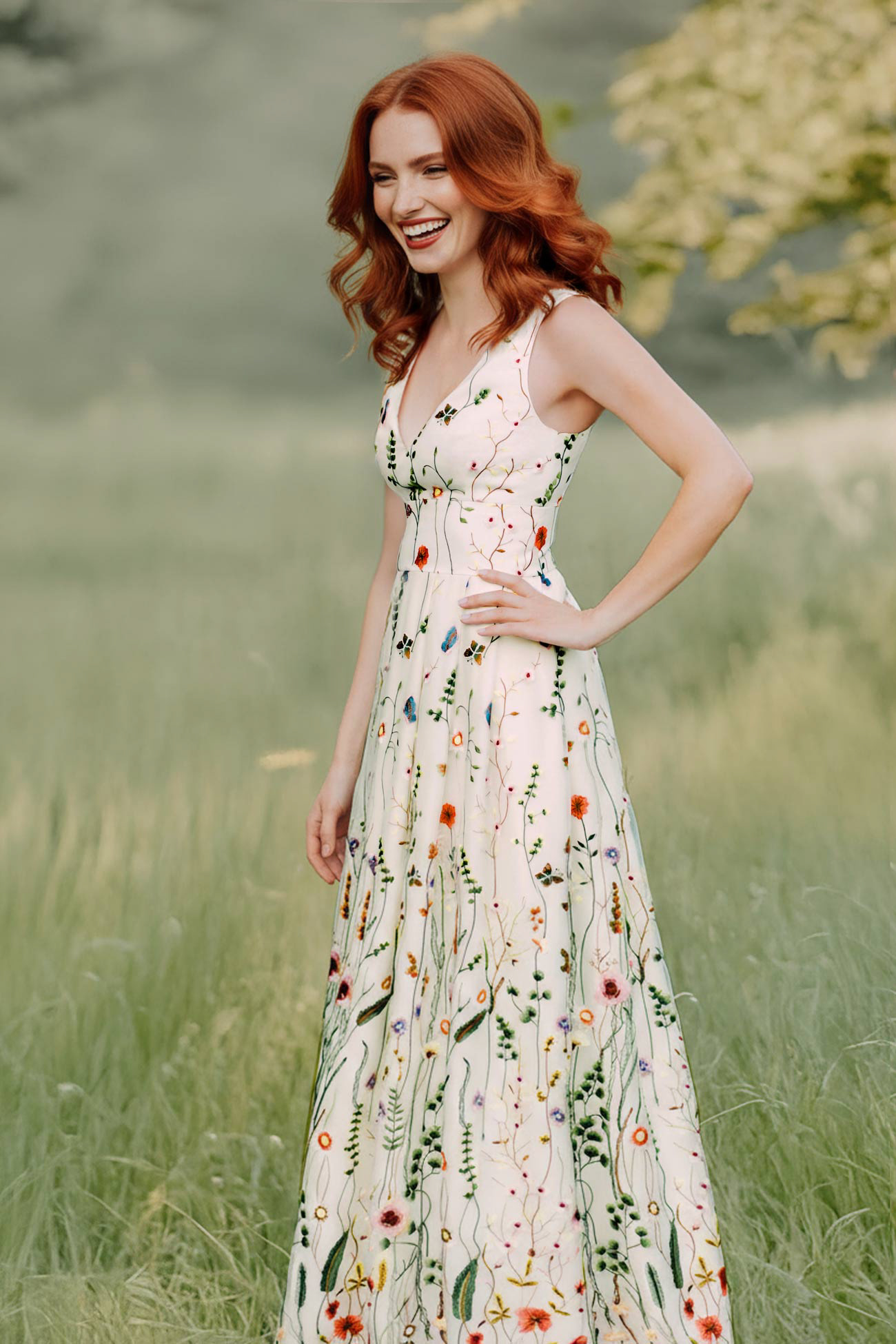 Brautkleid mit floralen Blumenstickereien für die Hochzeit im Grünen