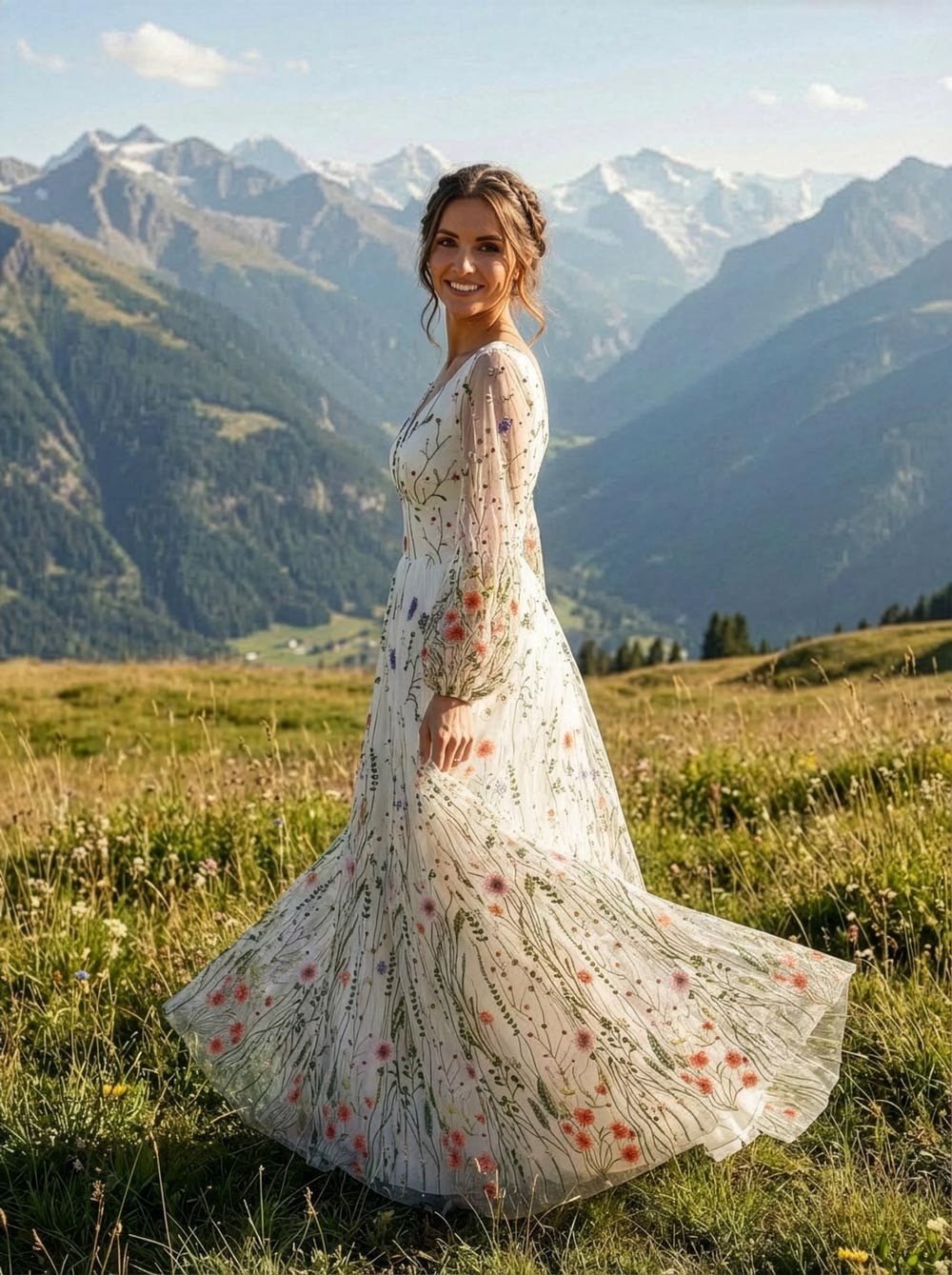 Freiheit spüren: Der weite Jupeteil aus feinstem Tüll schwingt bei jedem Schritt sanft mit, ideal für eine individuelle Zeremonie unter freiem Himmel.