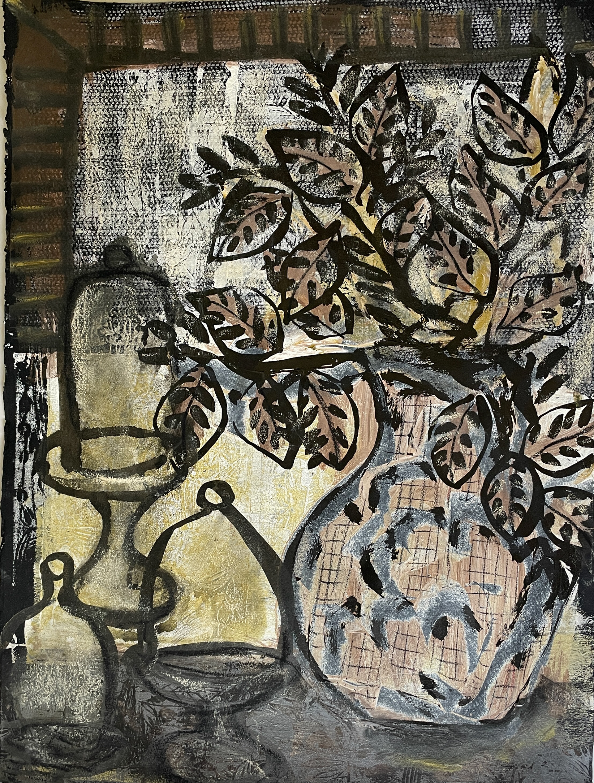 Hardy Vase with Three Timid Cloches 24 x 36, monotype with Sumi-e ink, 2022 $2,200
