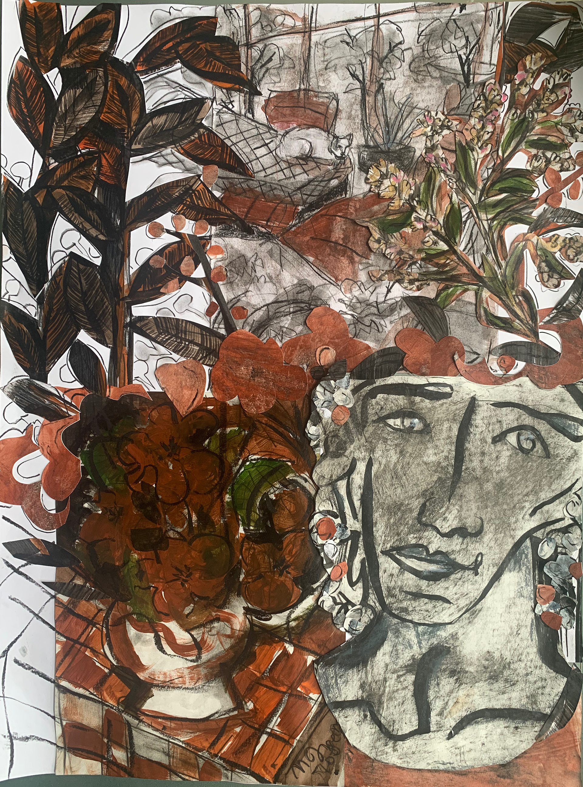Collage with bust, vase, flowers, and drawing, 18 x 24. $1,650
