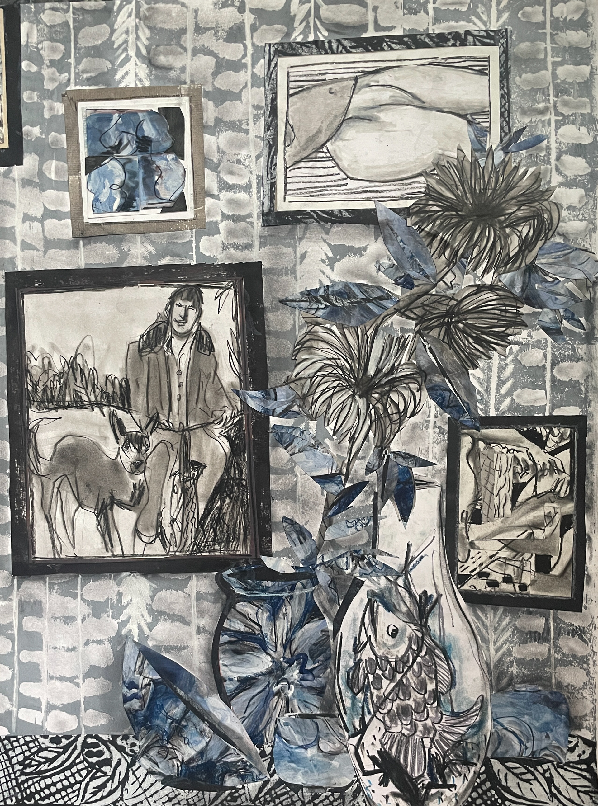 Picture Wall with Abstracts and a Portrait of Young Joe Biden Bicycling with his Dog / 18 x 24 / Framed, $1,800