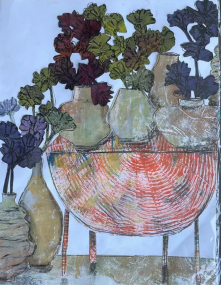 Dropleaf Table with a Cue of Zinnias 18 x 24, collage, 2022 $1,800