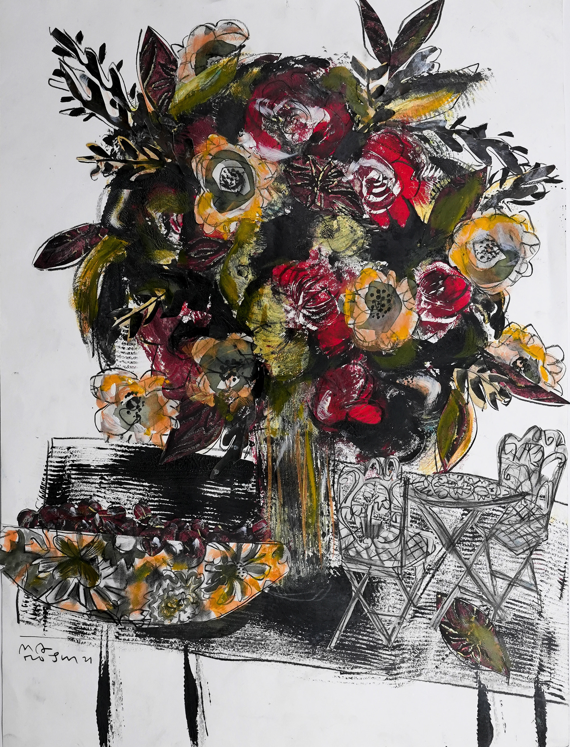 "Café Table and Chair Endangered by Overgrown Bouquet " SOLD