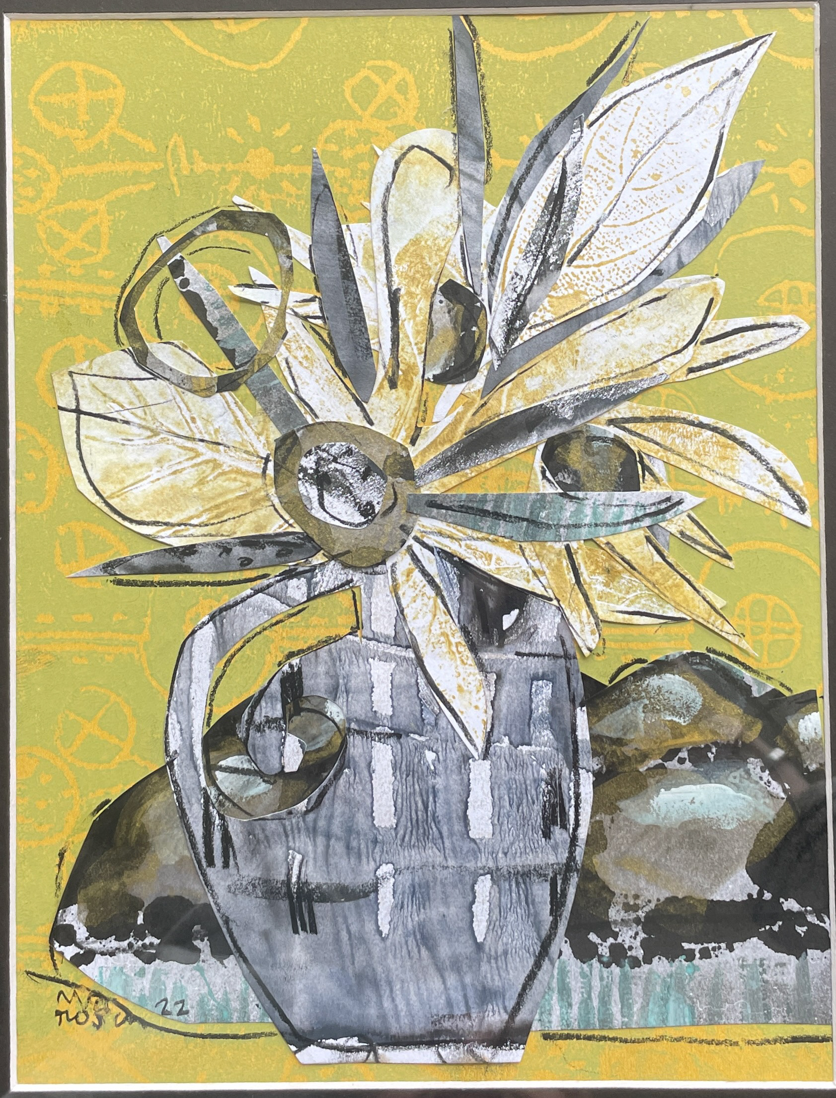 Vase with Resting Challah 9 x 12, collage, 2022, $500