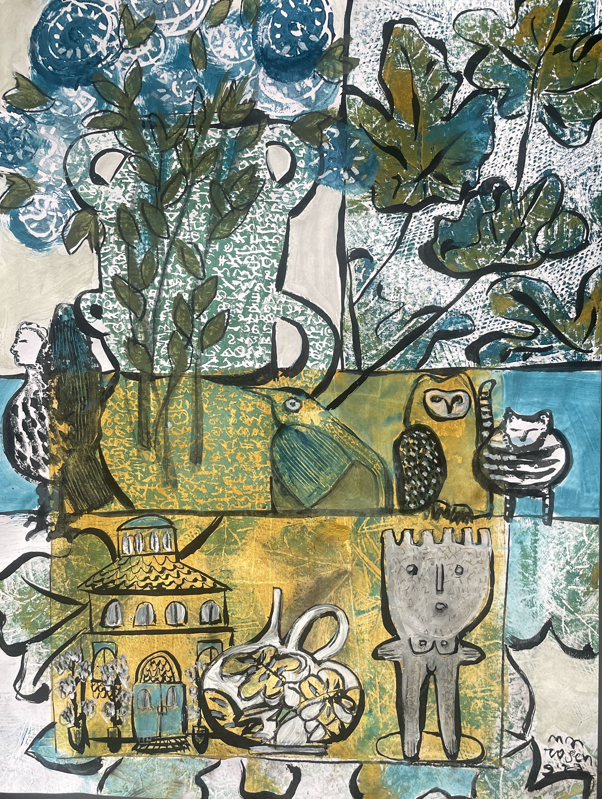 Monotype with Birds, Cats, and Botanicals / 15 x 22, $1,400