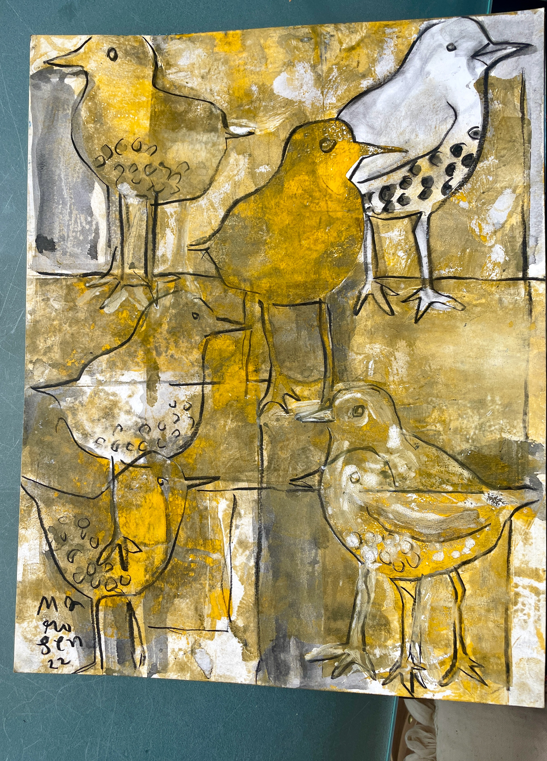Stained Glass with Sandpipers 12 x 14, monotype 2022, $600