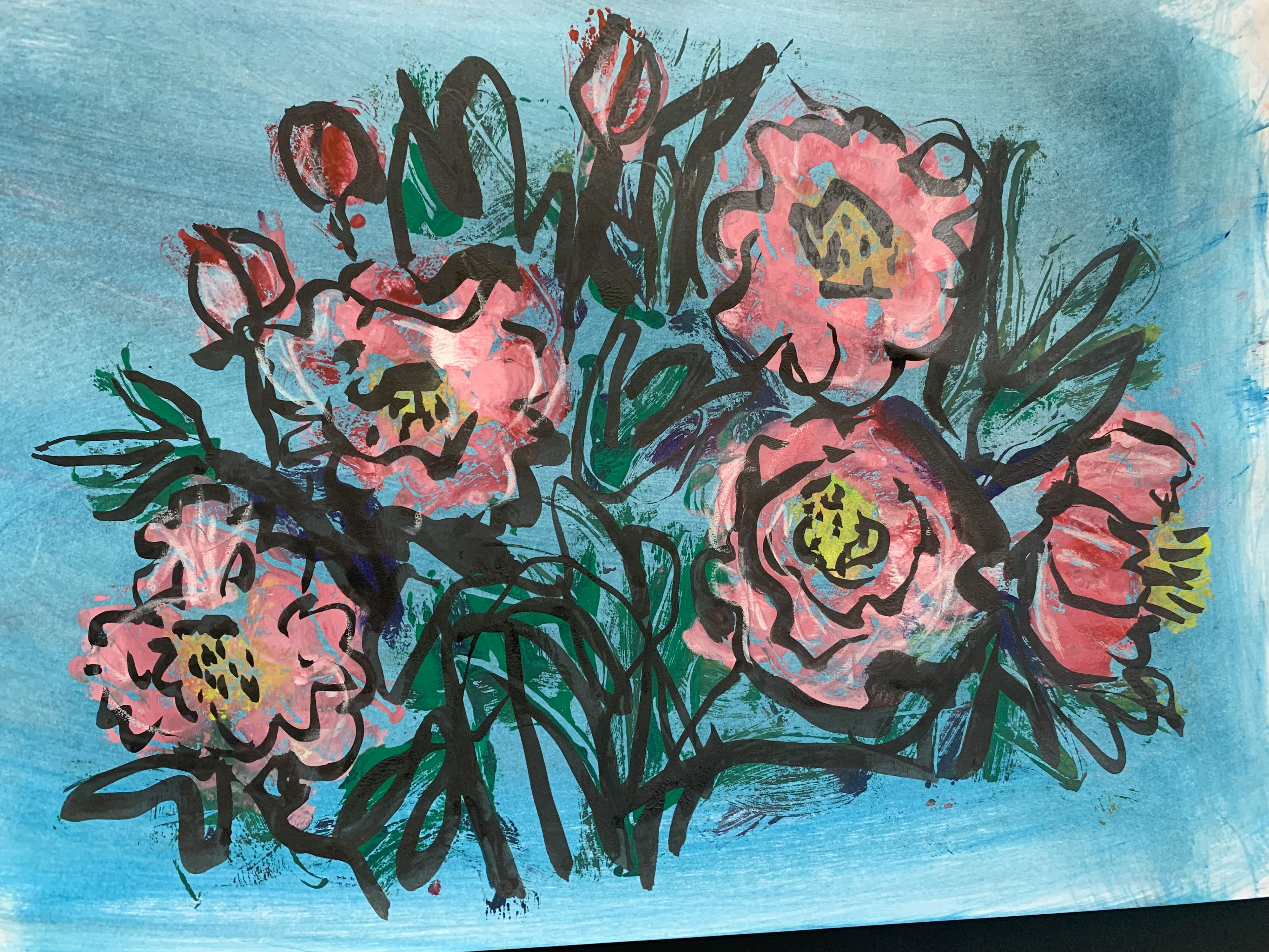 23 / Peonies on a blue background, 11 x 15 / $425