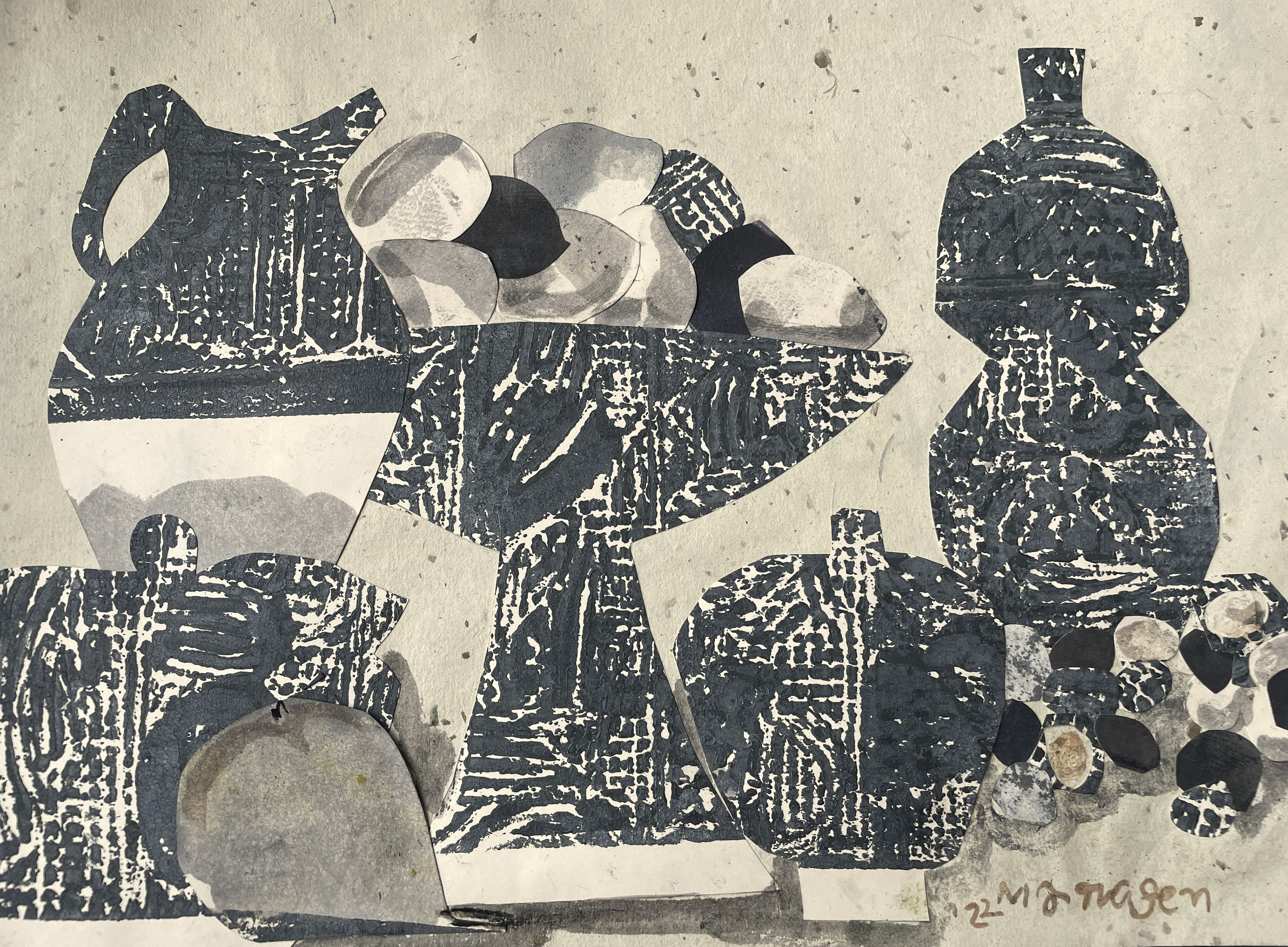 Grisaille Still Life 17 x 11, collage on mulberry paper, 2022 $1,250