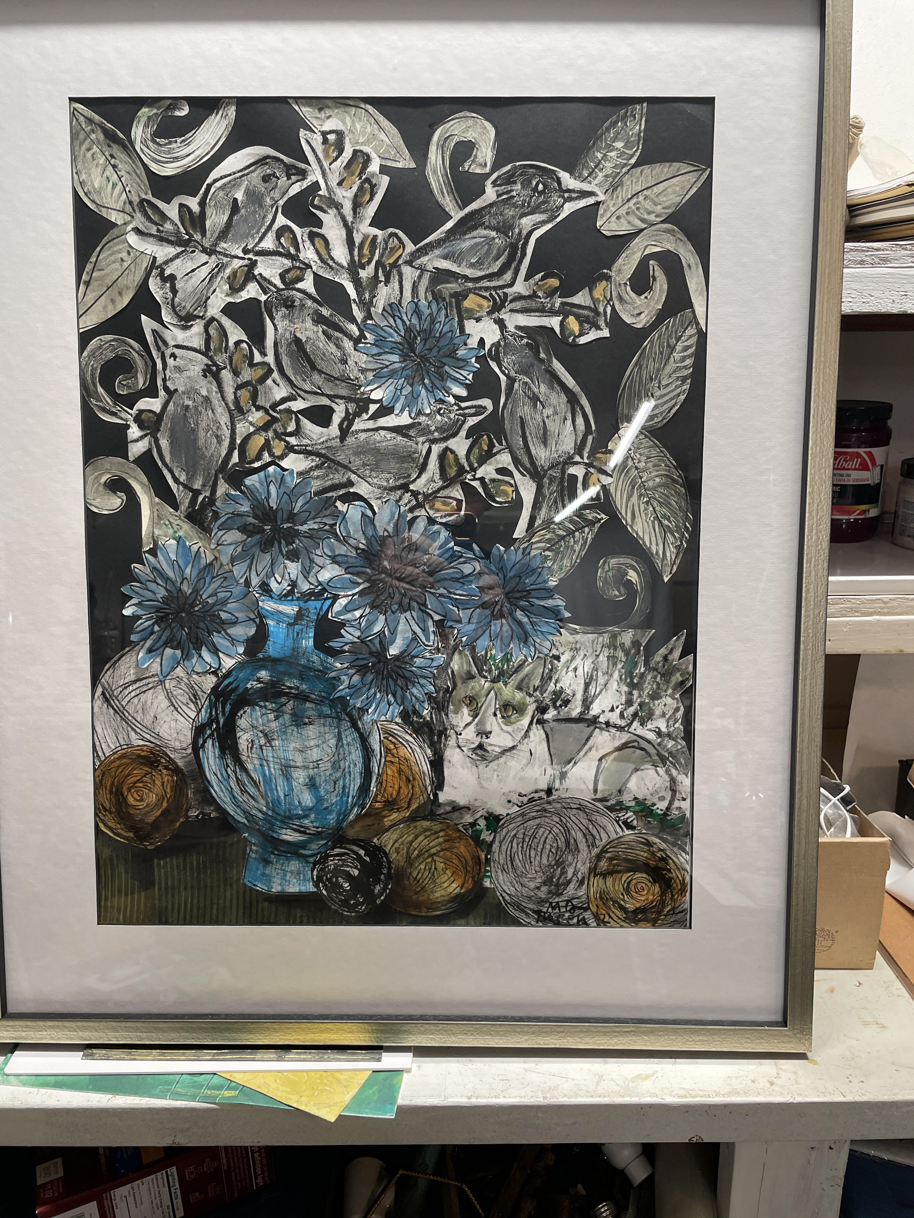 Yarns Balls with Crocheted Cat, Birds, and Blue Dahlias: Music for Relaxation 18 x 24, collage, 2022 $1,800